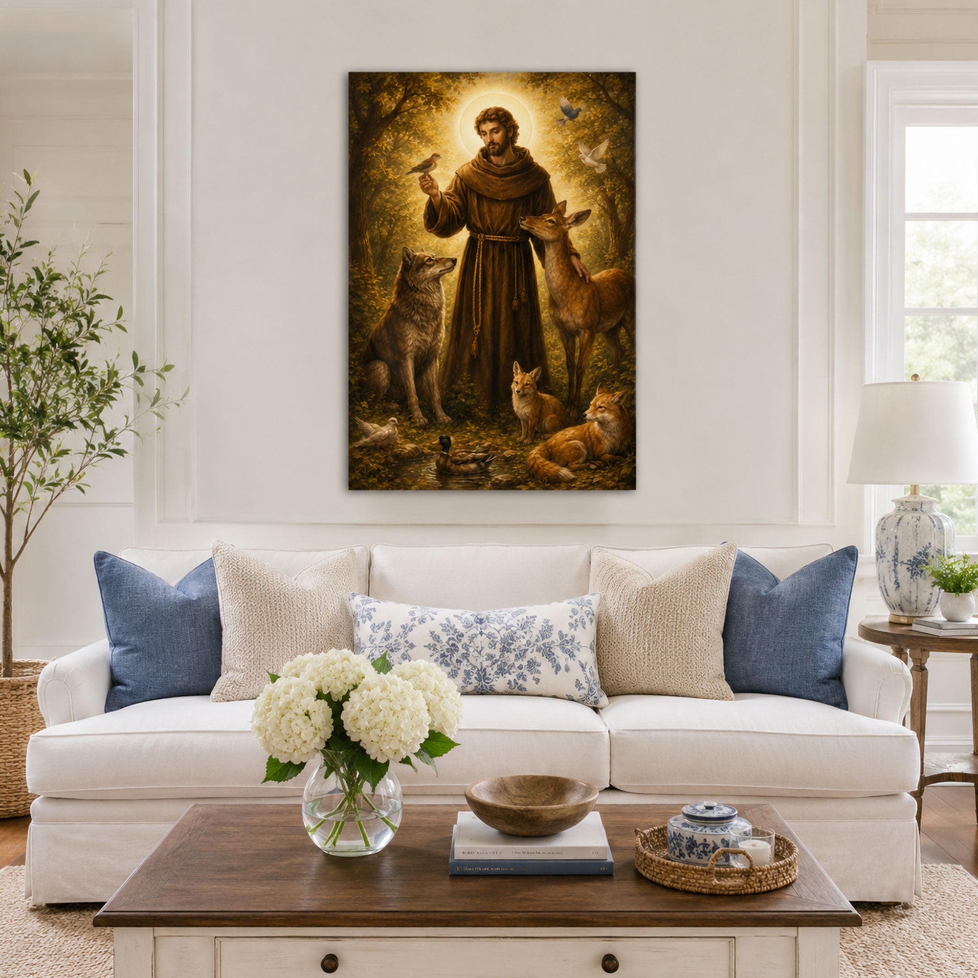 Saint Francis of Assisi with Forest Animals Canvas Print, Catholic Saint Wall Art, Nature Faith Home Decor Gift