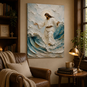 Jesus Walking on Water Canvas Print, Christian Ocean Wall Art, Faith Home Decor