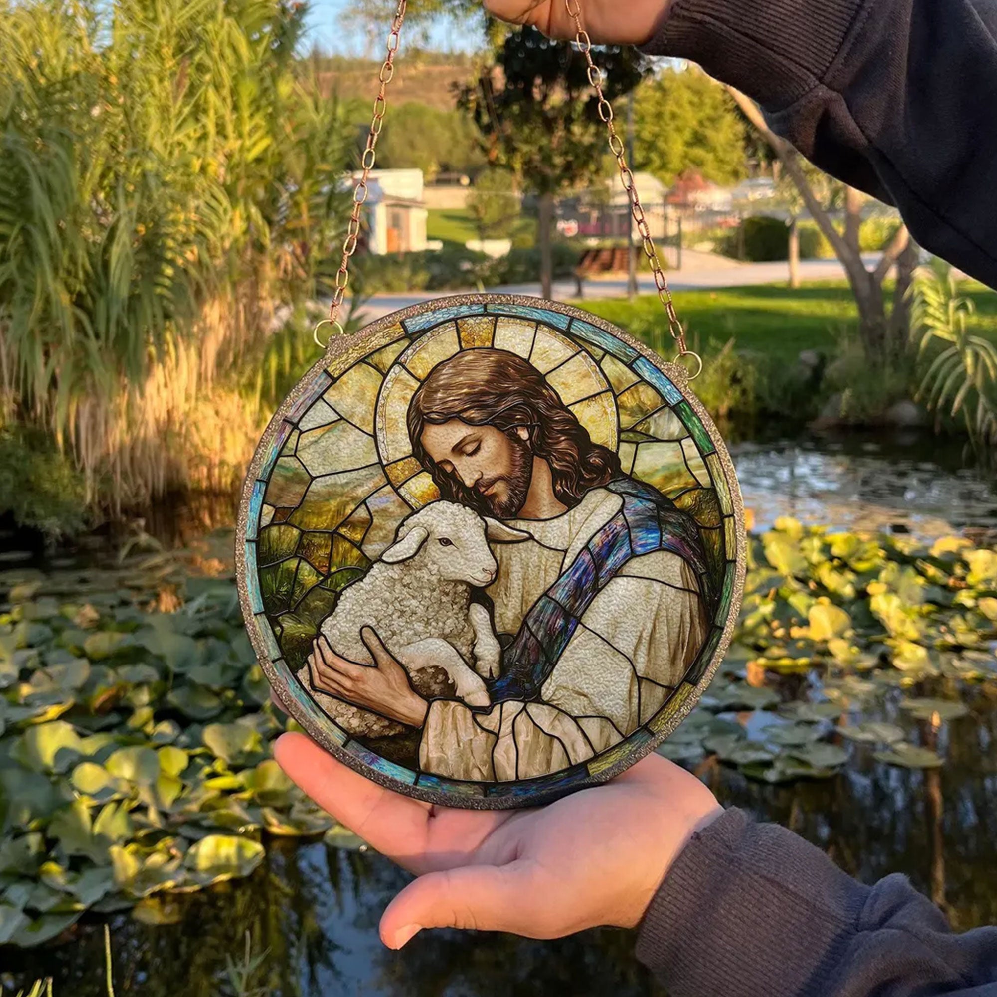 Jesus Holding Lamb Stained Glass Suncatcher, Christian Window Hanging Decor, Faith Wall Art, Religious Home Ornament