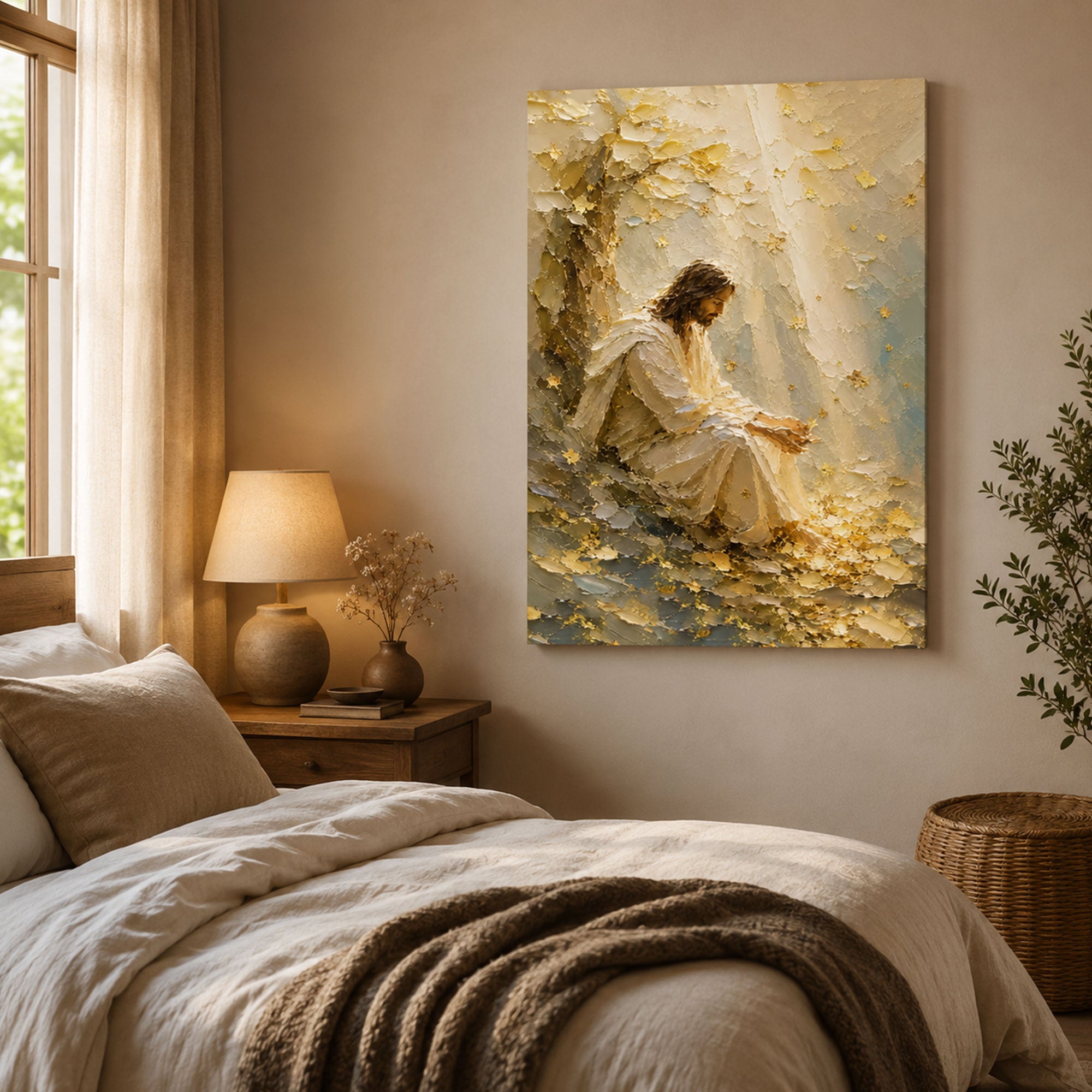 Jesus in Quiet Reflection Canvas Print, Peaceful Christian Wall Art, Soft Neutral Faith Home Decor