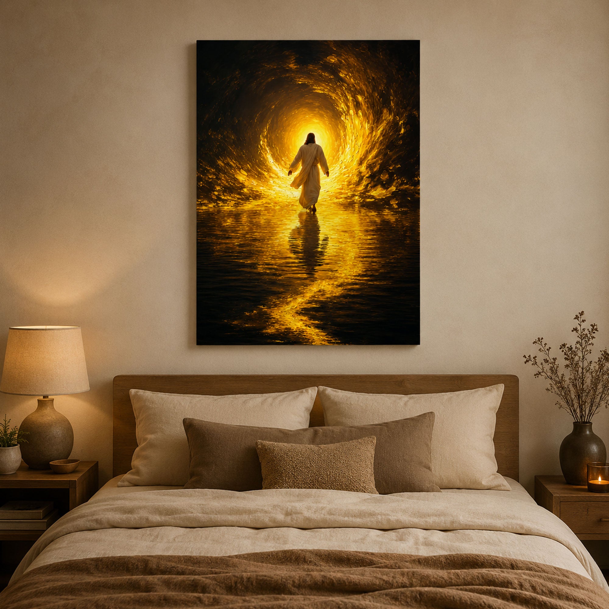 Jesus Walking on Water Canvas Print, Golden Light Christian Wall Art, Faith Home Decor