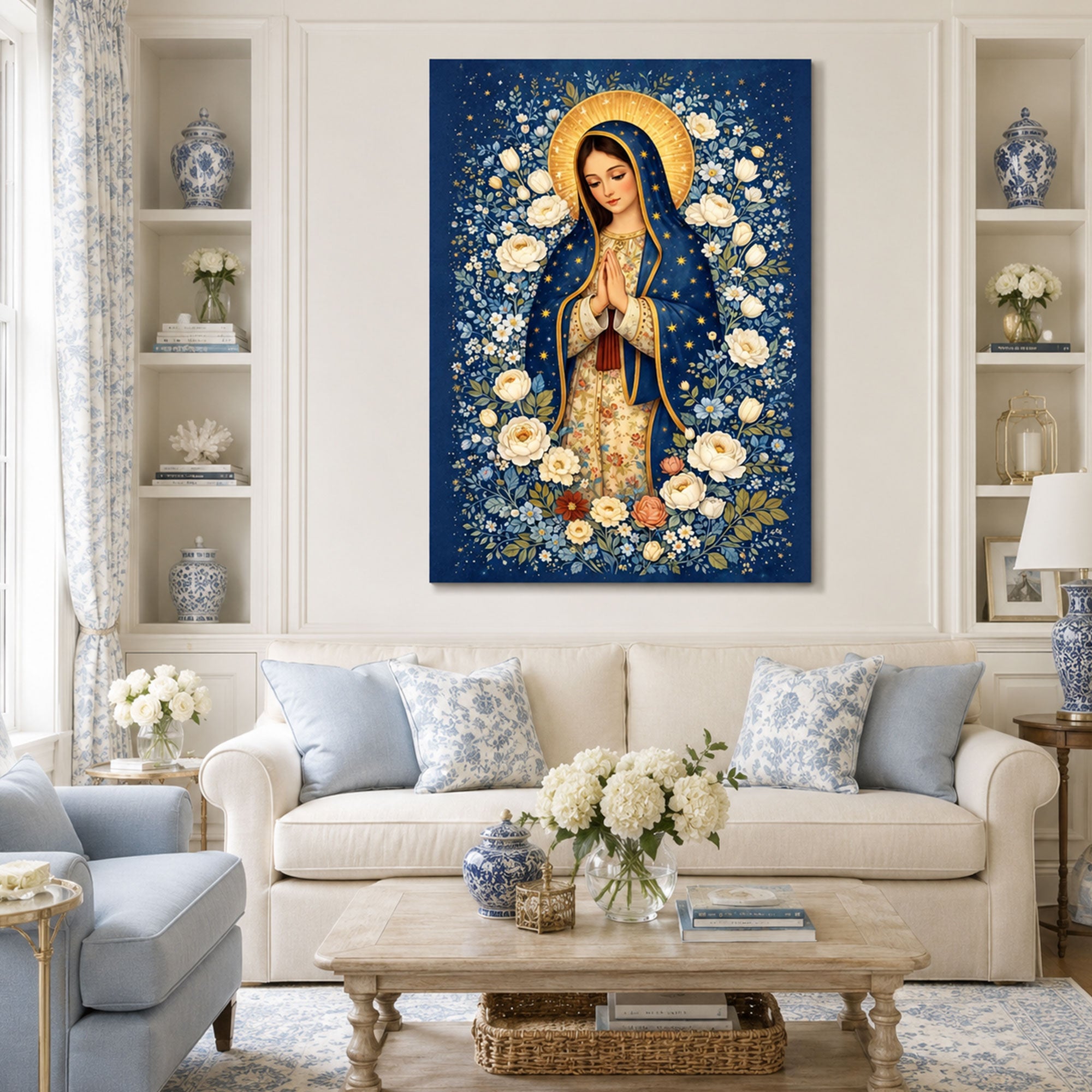 Floral Virgin Mary Canvas Print, Blessed Mother Christian Wall Art, Blue Catholic Faith Decor, Heavenly Floral Artwork