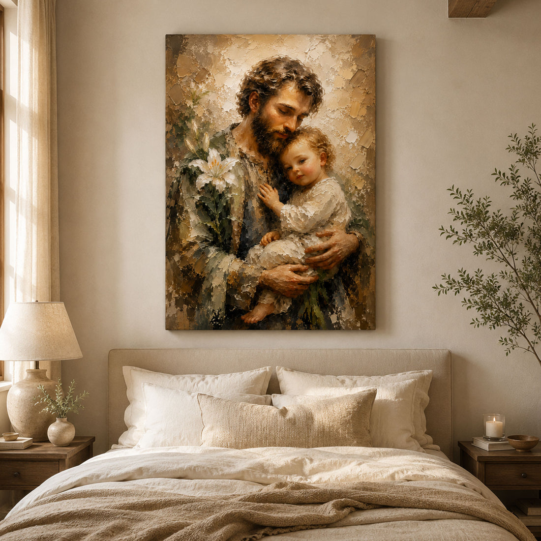 St. Joseph and Child Jesus Canvas Print, Saint Joseph with Lily Catholic Wall Art, Christian Family Home Decor