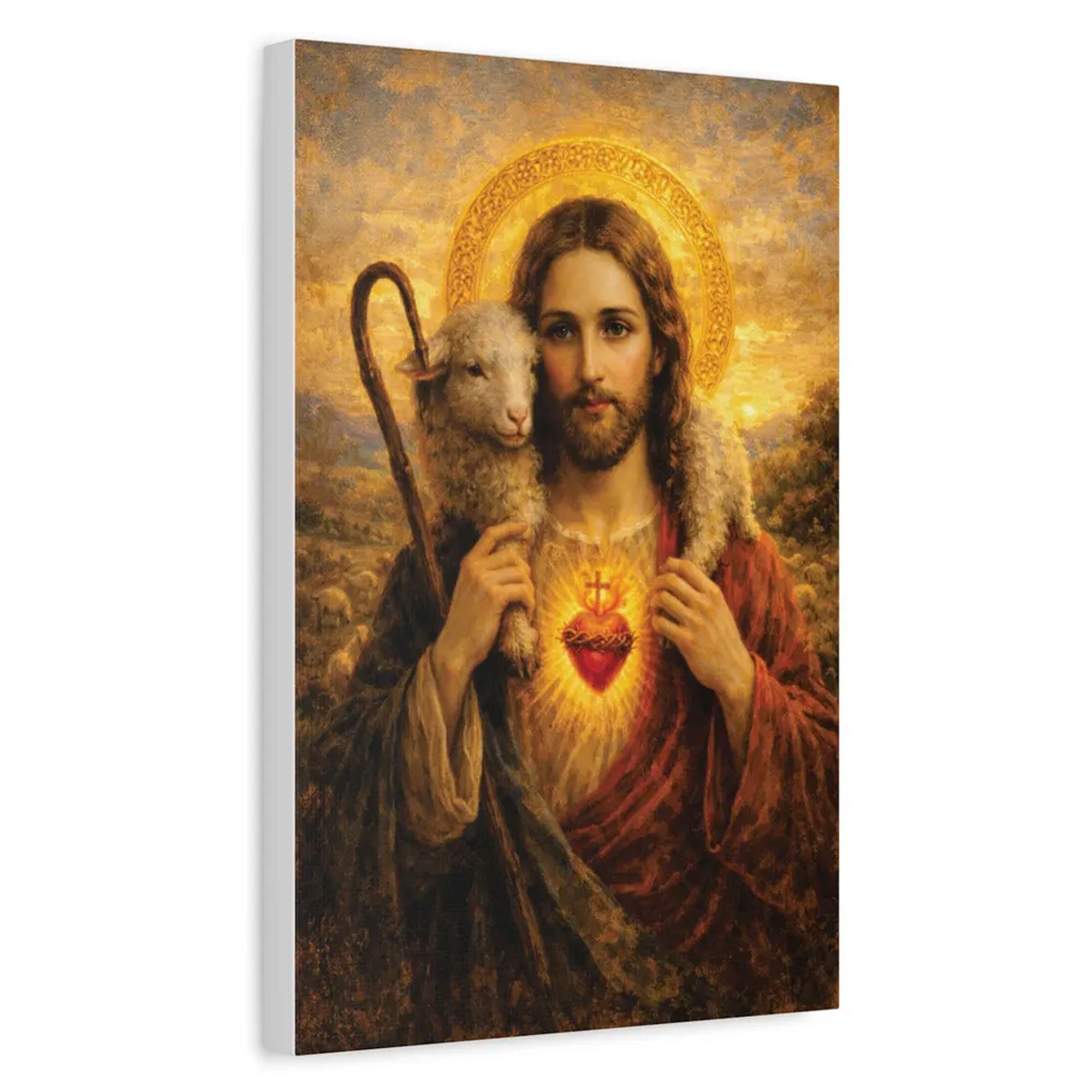 Sacred Heart Jesus with Lamb Canvas Print, Good Shepherd Christian Wall Art, Christian Home Decor