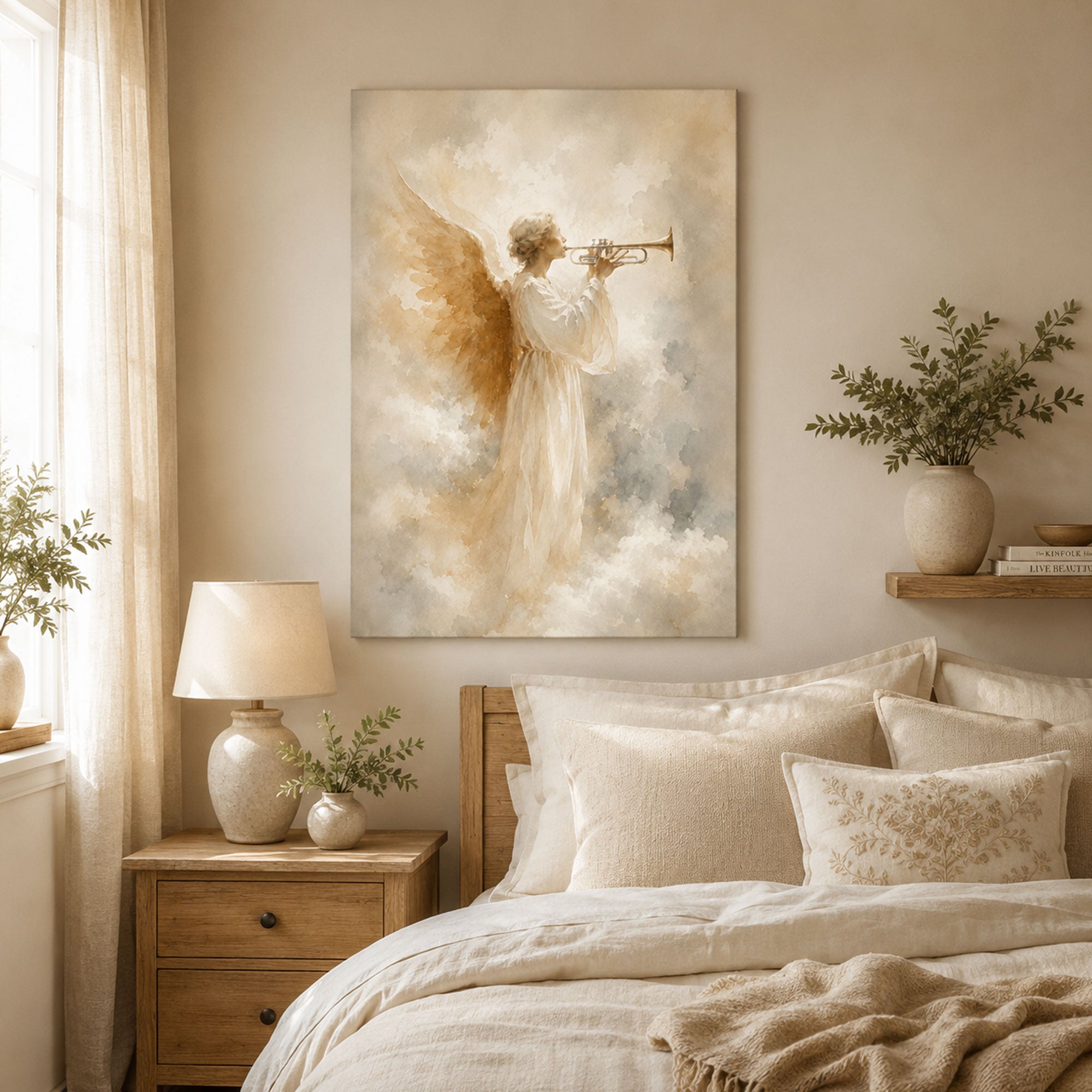 Trumpet Angel Canvas Print, Soft Watercolor Christian Angel Wall Art, Heavenly Faith Home Decor Gift