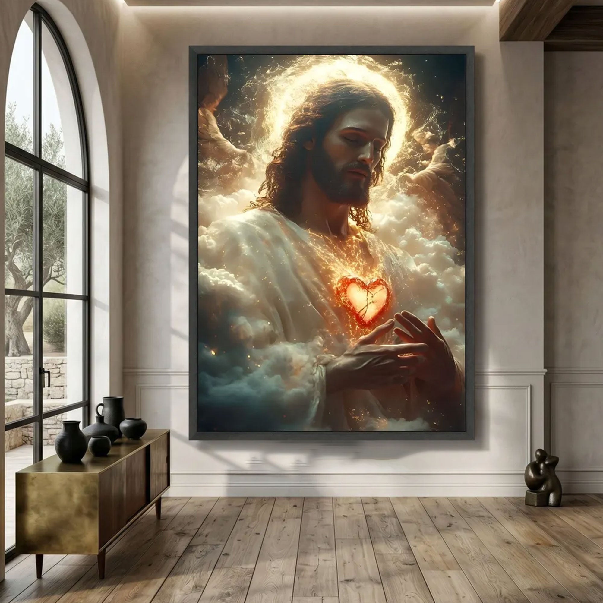 Sacred Heart of Jesus Canvas Print, Oversized Christian Wall Art, Illuminated Halo Portrait, Religious Home Decor