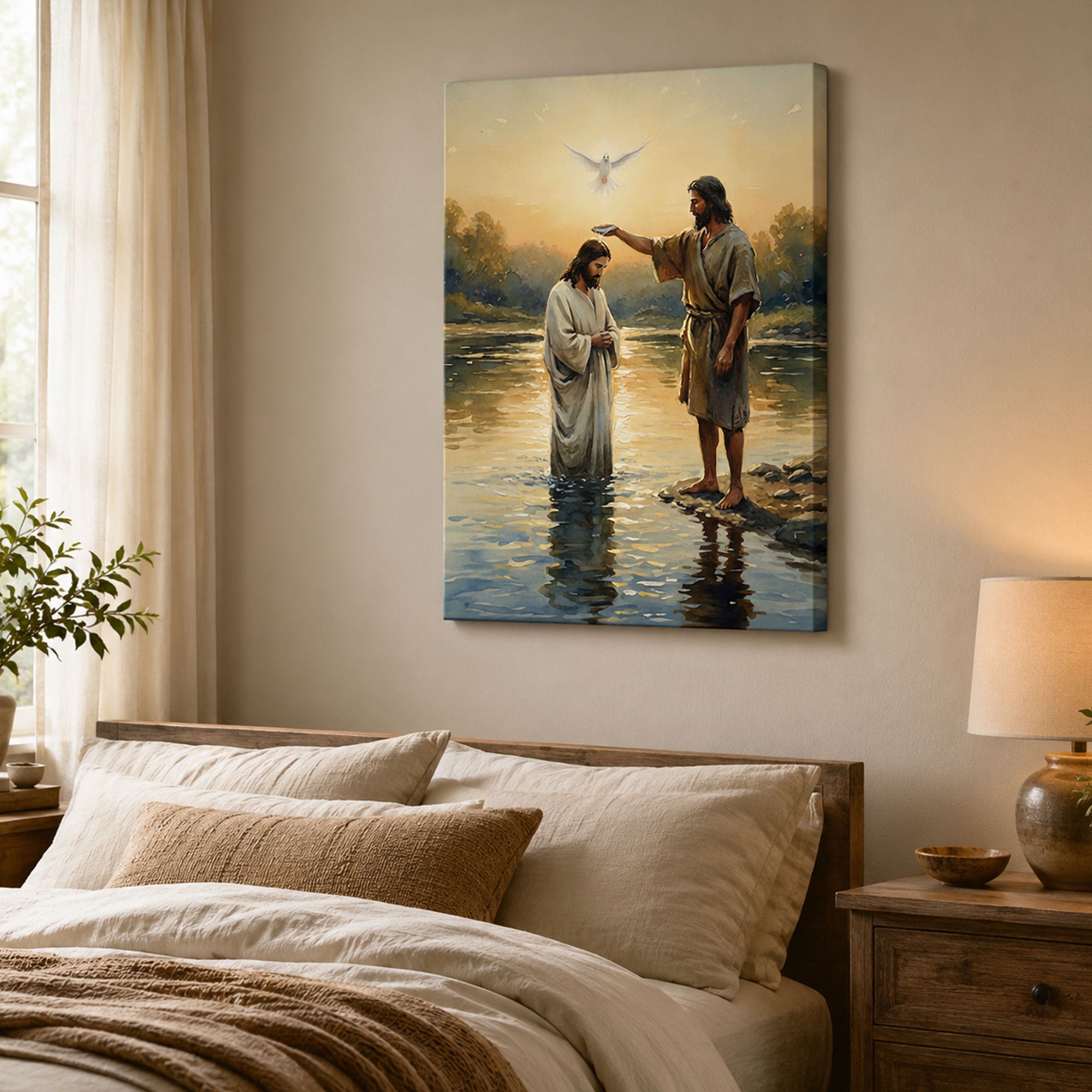 Baptism of Jesus Canvas Print, John the Baptist and Holy Spirit Dove Christian Wall Art, Bible Story Home Decor