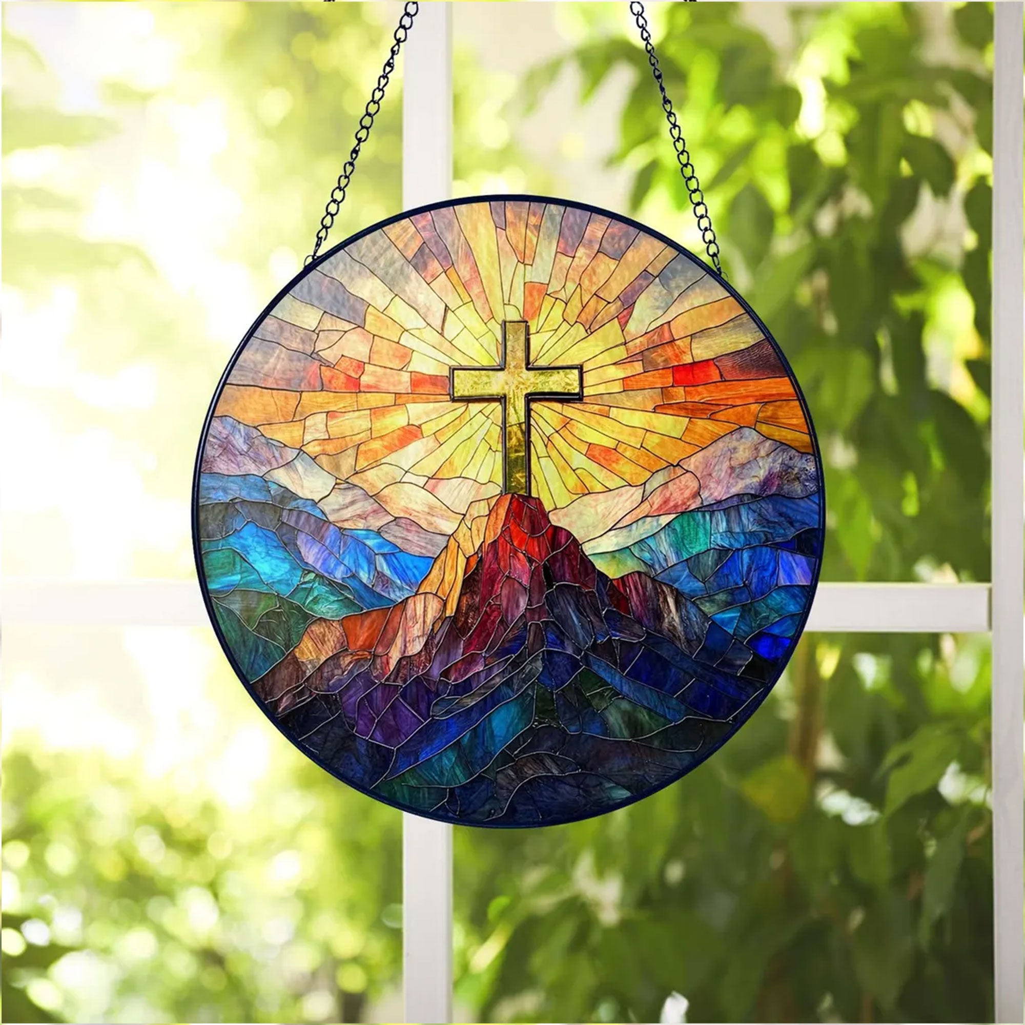 Christian Cross Stained Glass Suncatcher, Window Hanging Decor, Religious Home Accent, Faith Gift