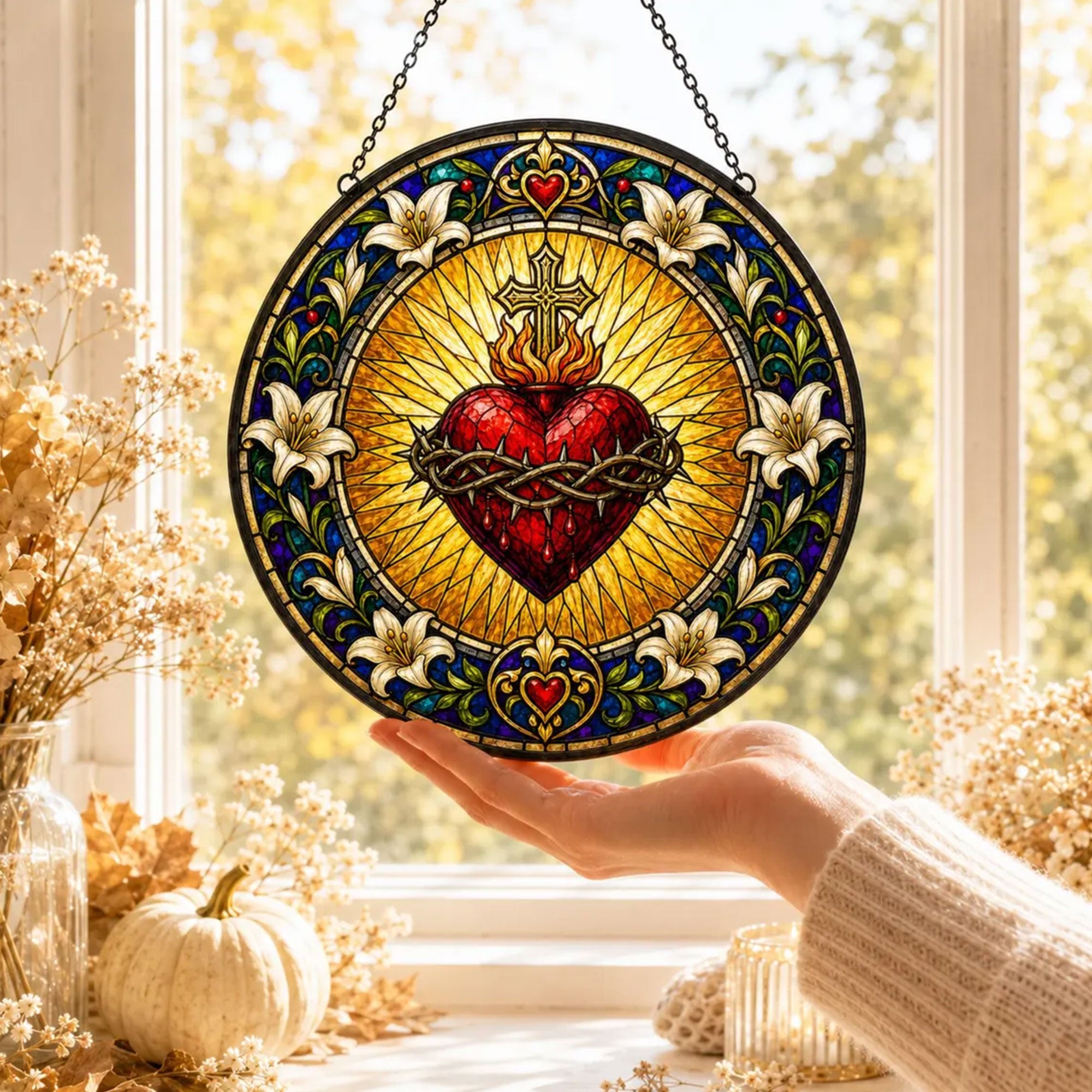 Sacred Heart of Jesus Suncatcher, Catholic Window Hanging, Lily Christian Home Decor