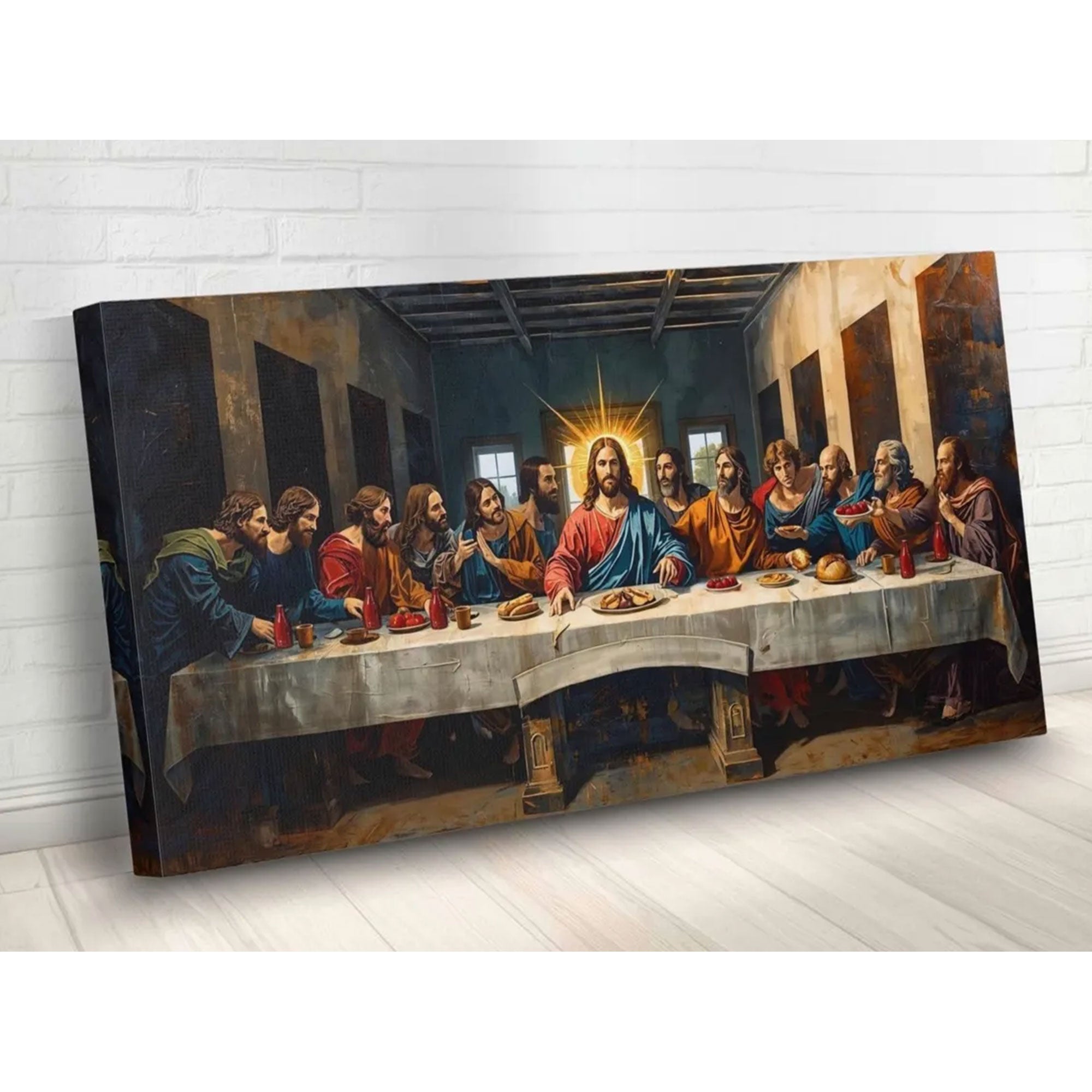 Last Supper Wall Art for Living Room, Modern Christian Jesus Canvas Print, Catholic Panoramic Religious Decor