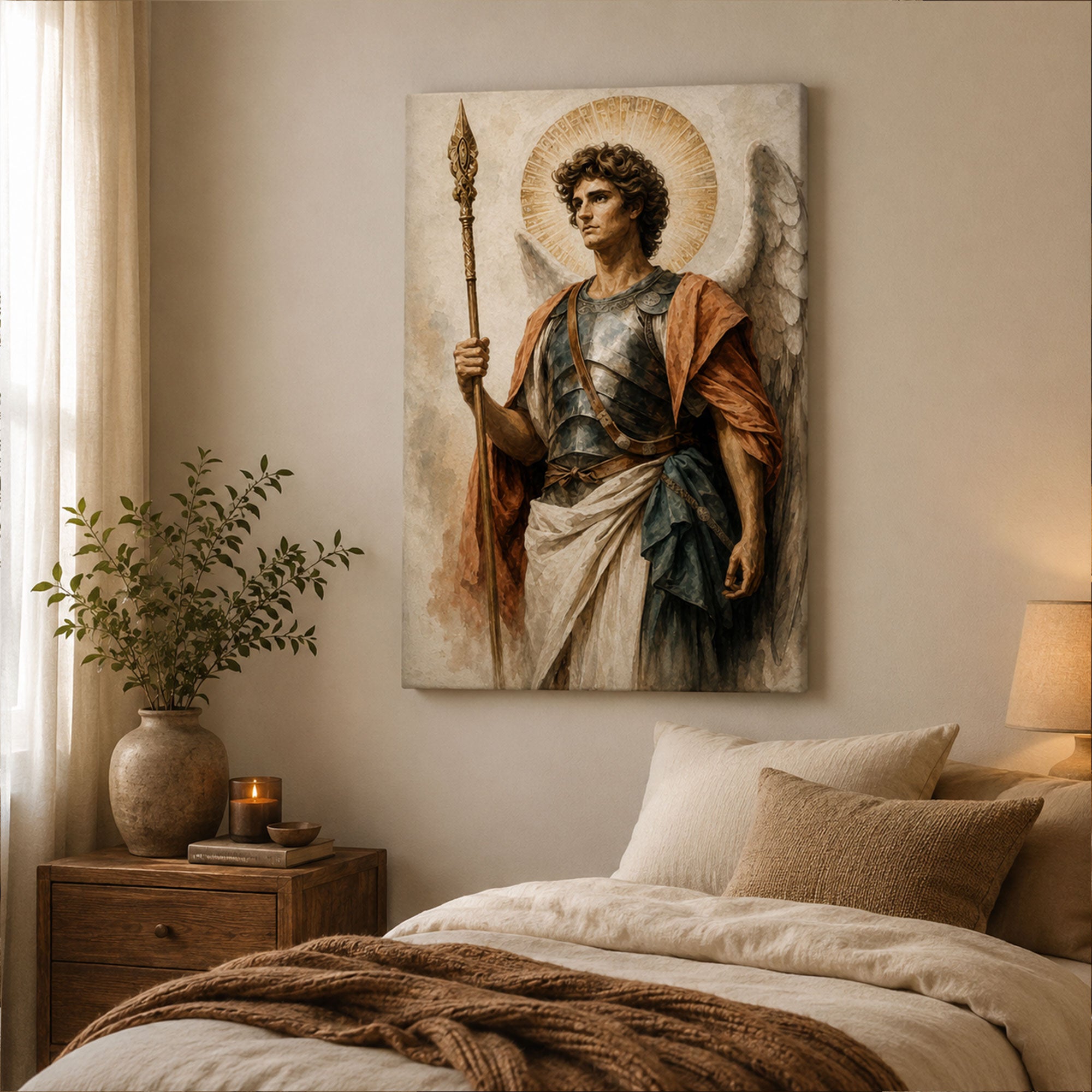 Archangel Michael with Spear Canvas Print, Catholic Guardian Angel Wall Art, Faith Home Decor