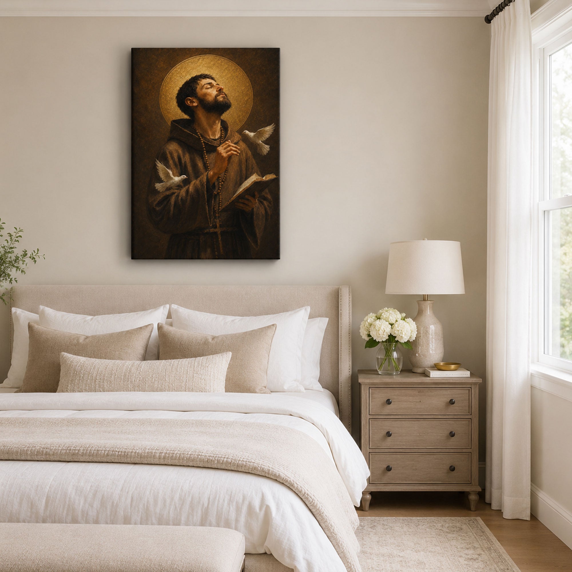 Saint Francis of Assisi Prayer Canvas Print, Catholic Saint Wall Art, Doves and Bible Faith Home Decor Gift