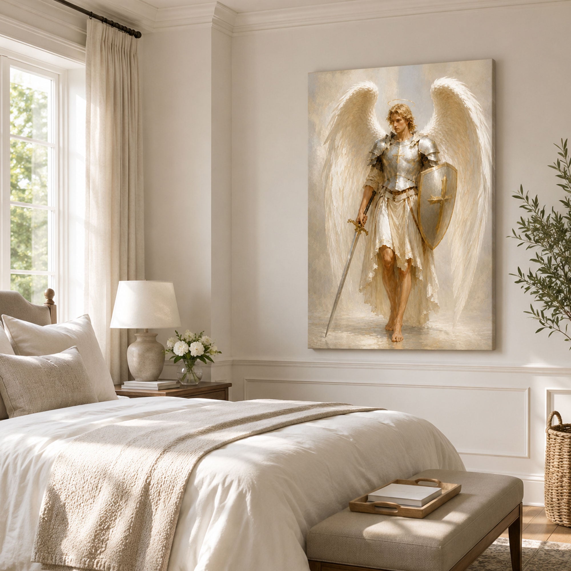 Saint Michael Archangel Canvas Print, Catholic Warrior Angel Wall Art, White Armor Faith Home Decor Gift