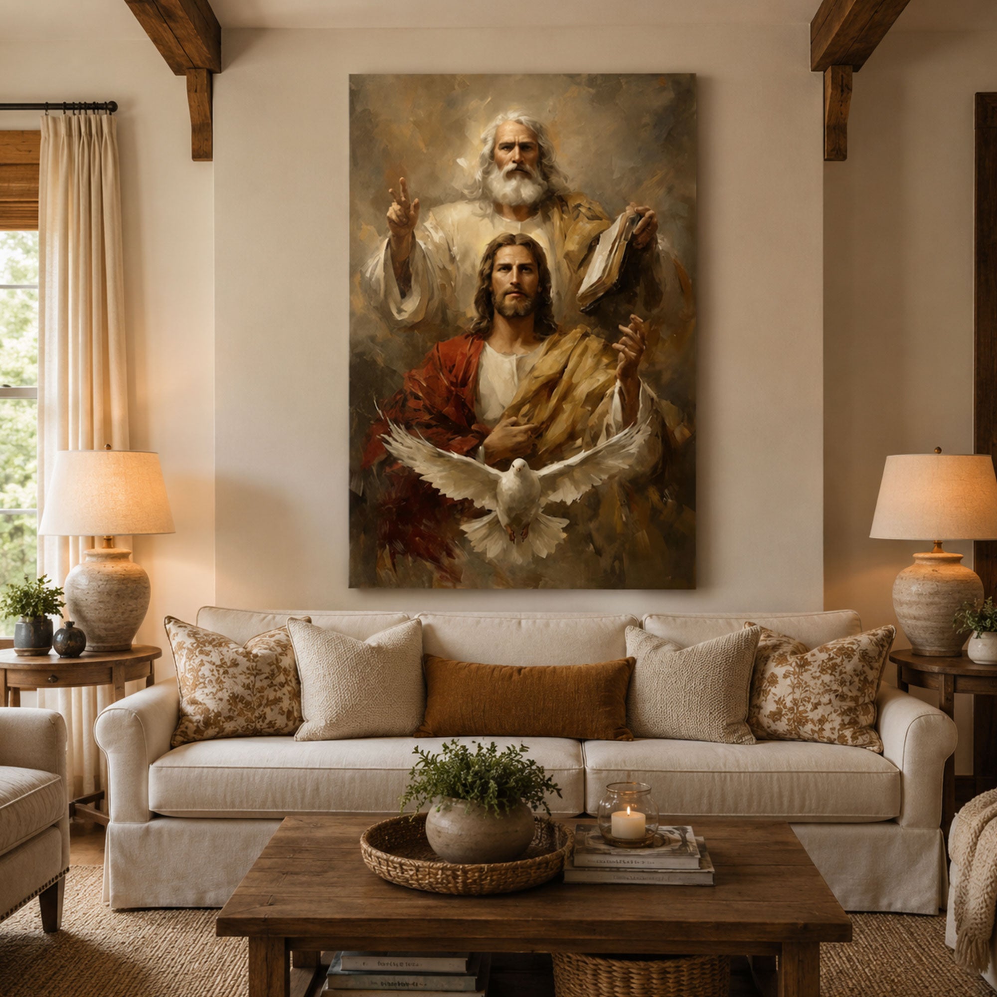 Holy Trinity Wall Art, God The Father Jesus Christ Holy Spirit Dove Canvas Print, Christian Faith Decor