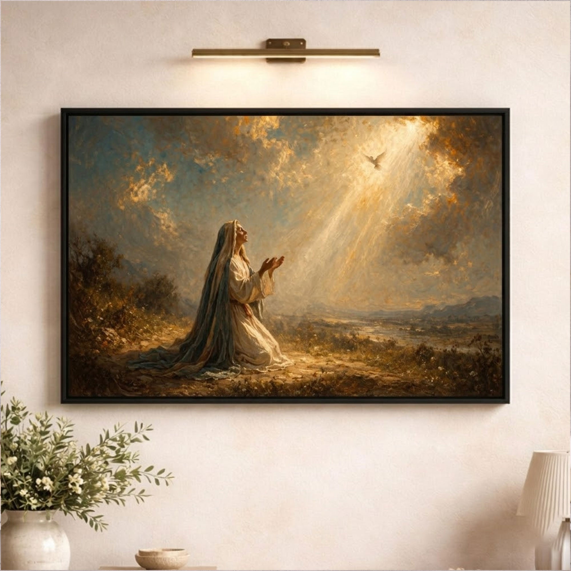 Virgin Mary Prayer Canvas Wall Art, Holy Spirit Dove Painting, Catholic Oil Style Print, Devotional Religious Decor, Sacred Christian Farmhouse Canvas, Inspirational Faith Gift