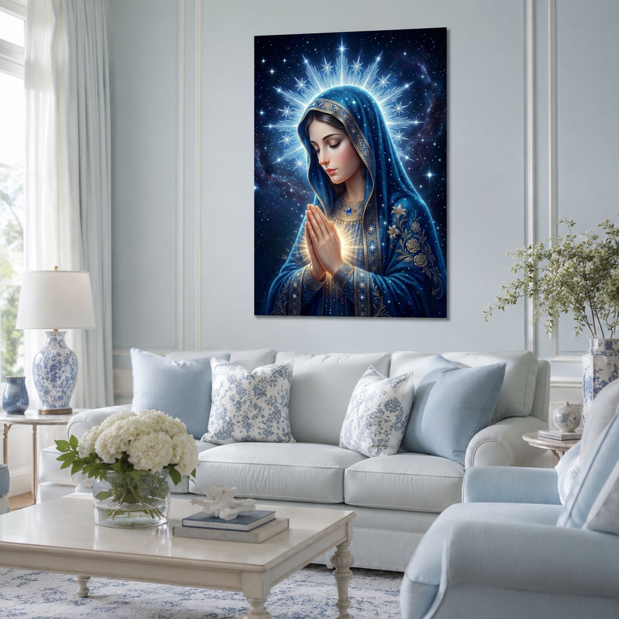 Celestial Virgin Mary Canvas Print, Starry Catholic Wall Art, Heavenly Blue Madonna Decor, Christian Faith Artwork