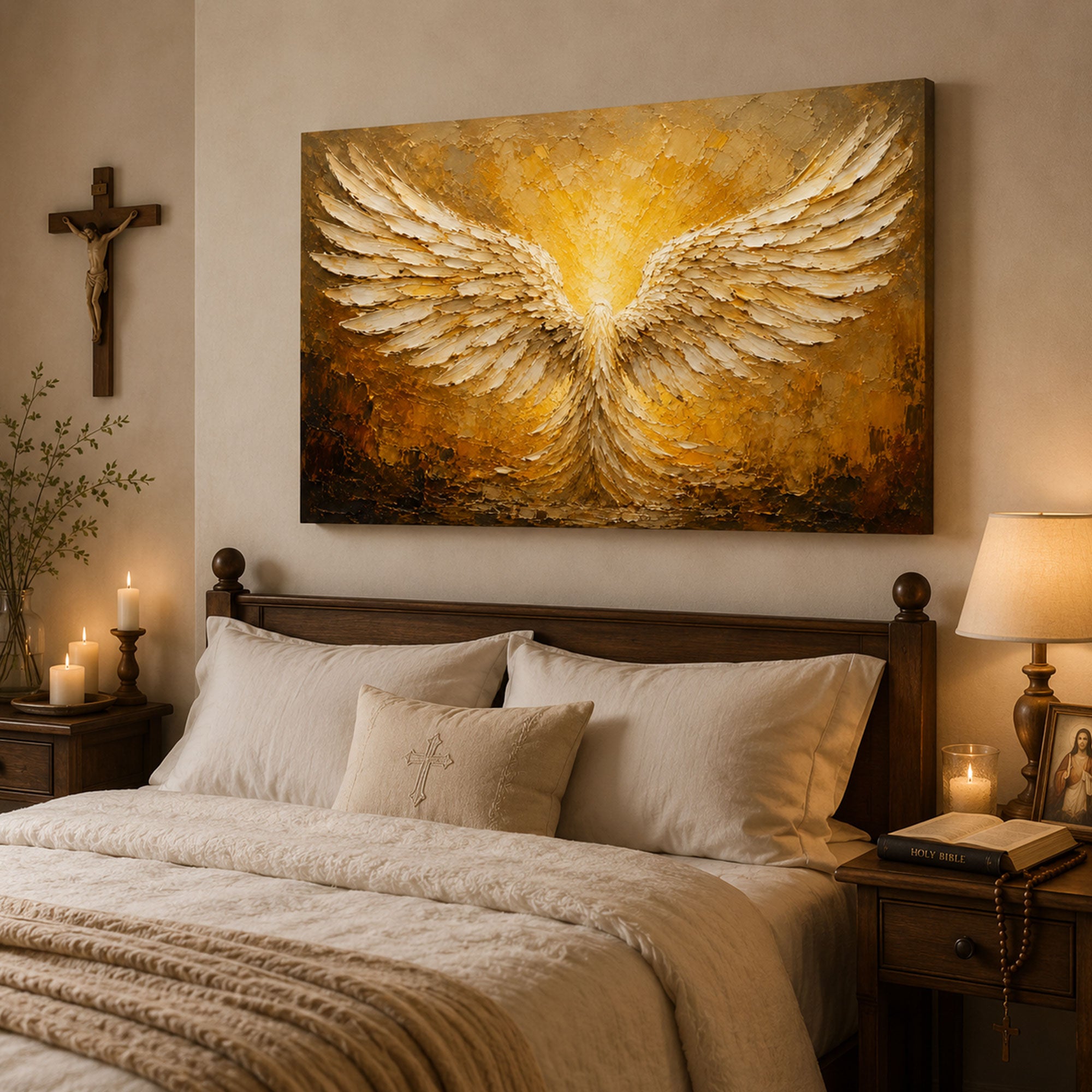 Golden Angel Wings Canvas Print, Catholic Christian Wall Art, Faith Home Decor