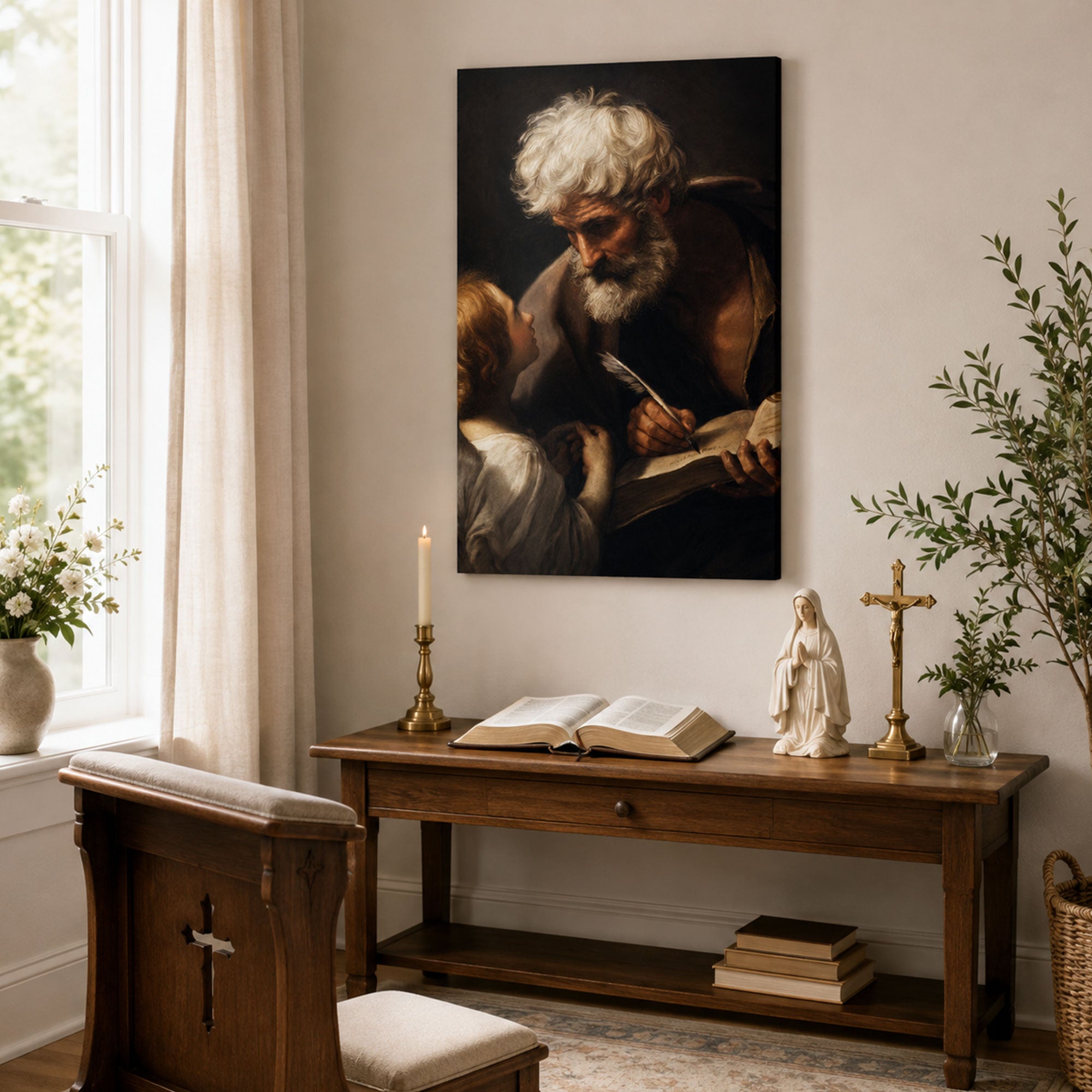 Saint Matthew and Angel Canvas Print, Gospel Writer Catholic Wall Decor, Christian Faith Gift