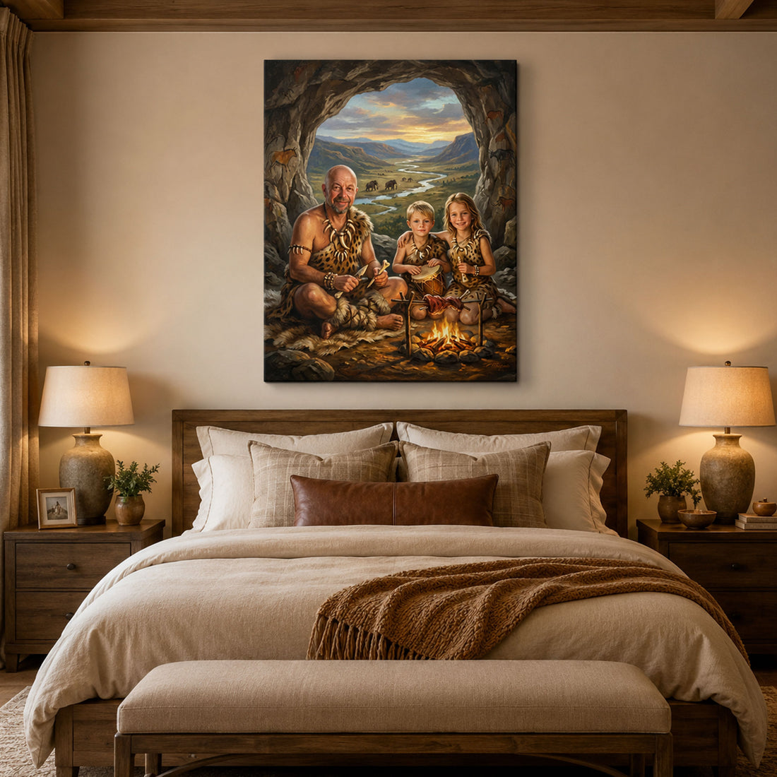 Personalized Cave Family Canvas Print, Custom Caveman Dad and Kids Portrait, Father’s Day Gift