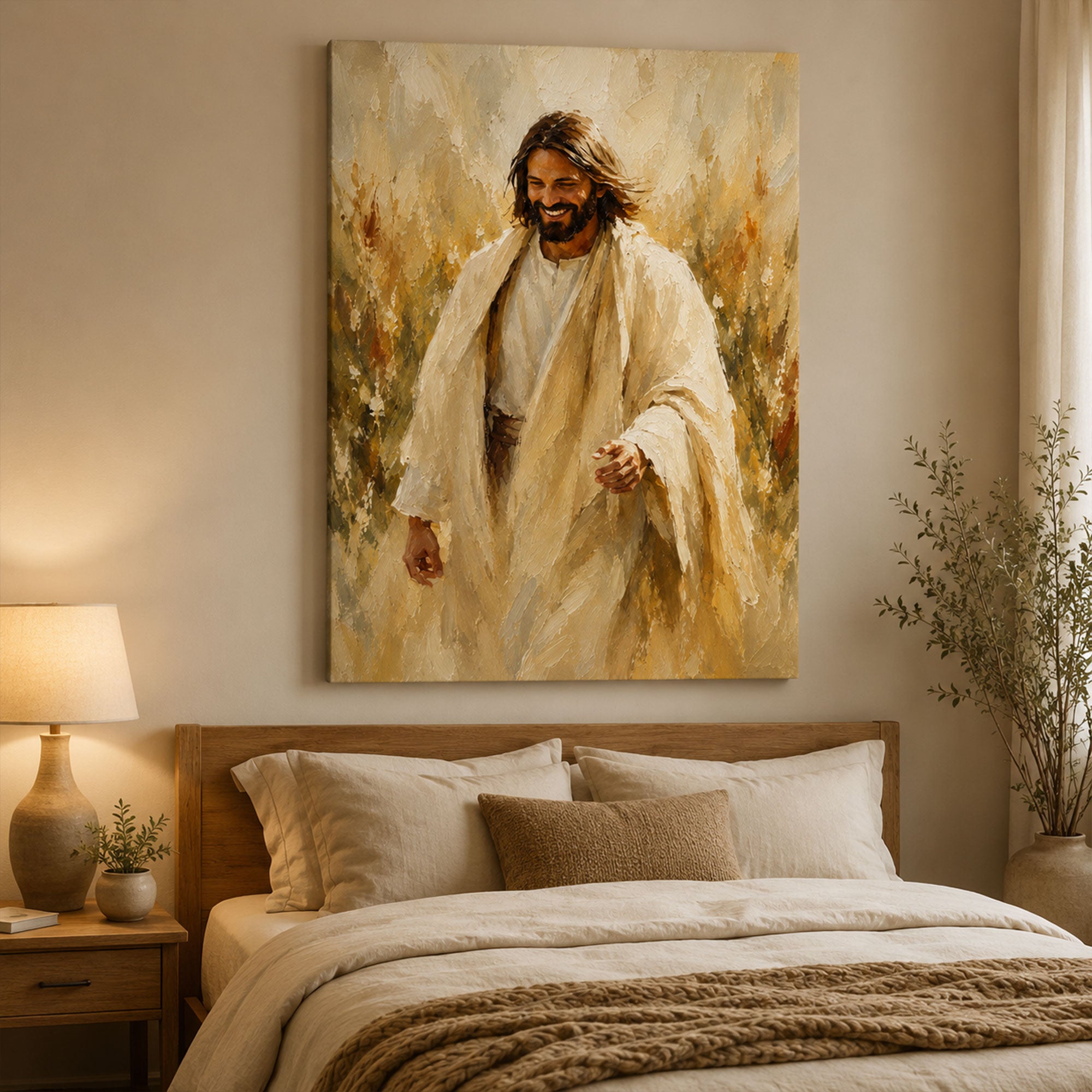 Smiling Jesus Canvas Print, Peaceful Christian Wall Art, Warm Faith Home Decor