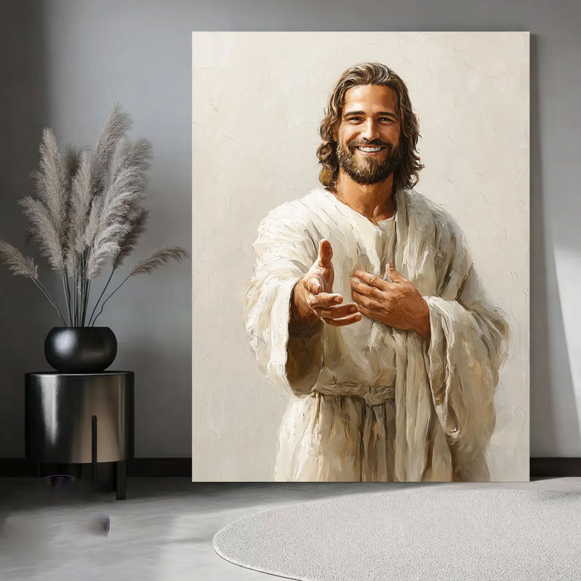 Smiling Jesus Canvas Print, Welcoming Faith Wall Art, Christian Religious Home Decor, Inspirational Gift