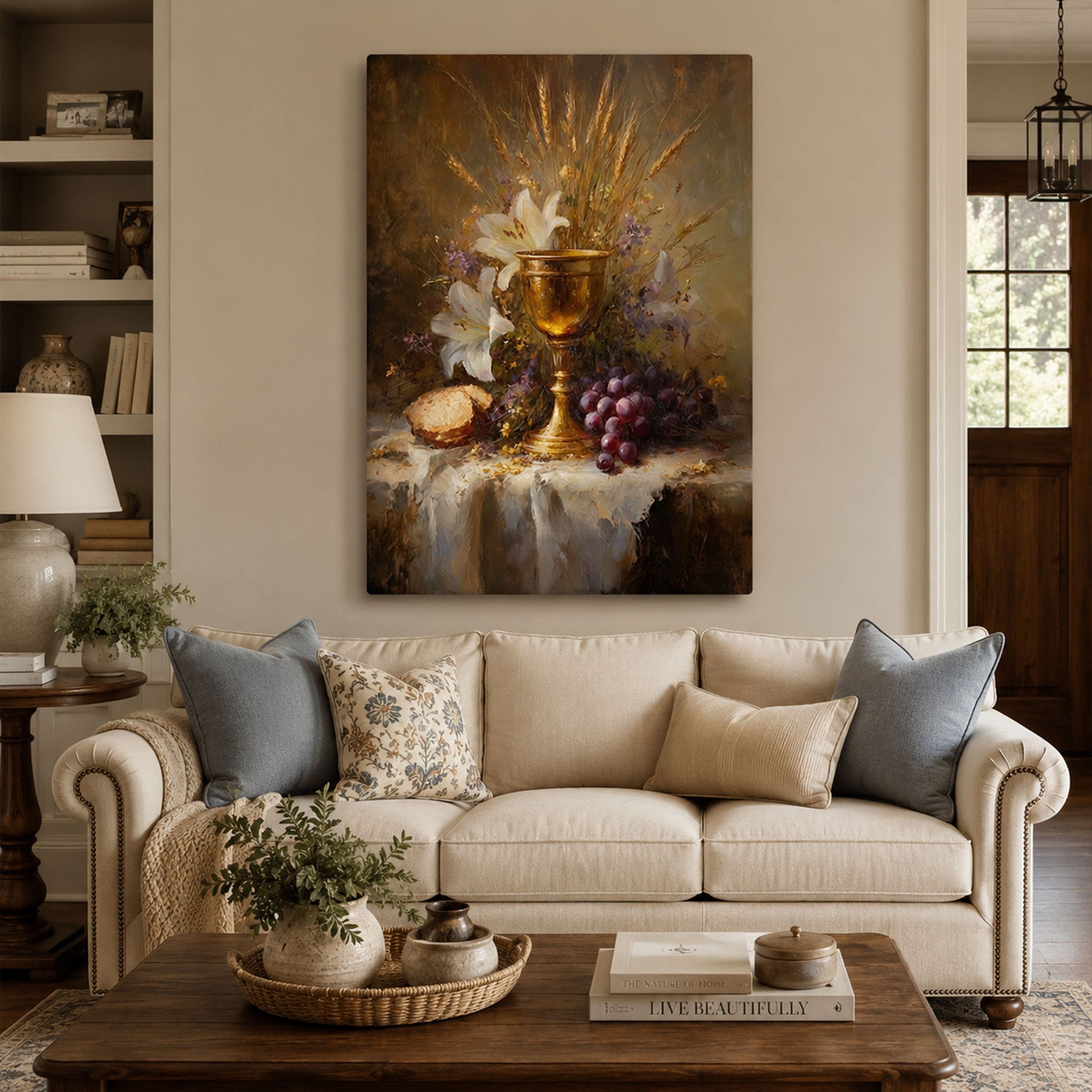 Eucharist Chalice Still Life Canvas Art, Catholic Communion Wall Decor, Bread and Wine Christian Faith Artwork