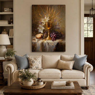 Eucharist Chalice Still Life Canvas Art, Catholic Communion Wall Decor, Bread and Wine Christian Faith Artwork
