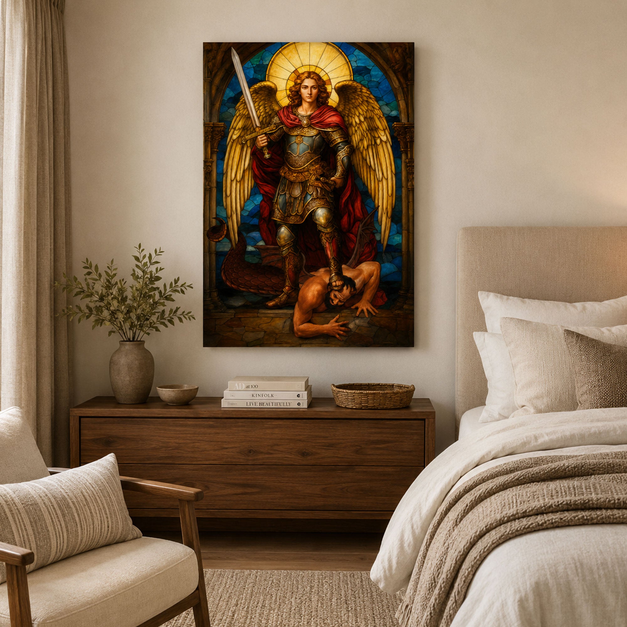 St. Michael the Archangel Canvas Print, Stained Glass Style Catholic Angel Wall Art, Faith Home Decor Gift