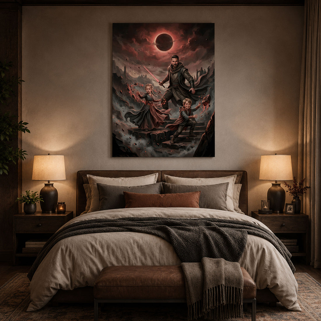Custom Crimson Ascension Canvas, Personalized Father and Kids Fantasy Wall Art, Father’s Day Gift