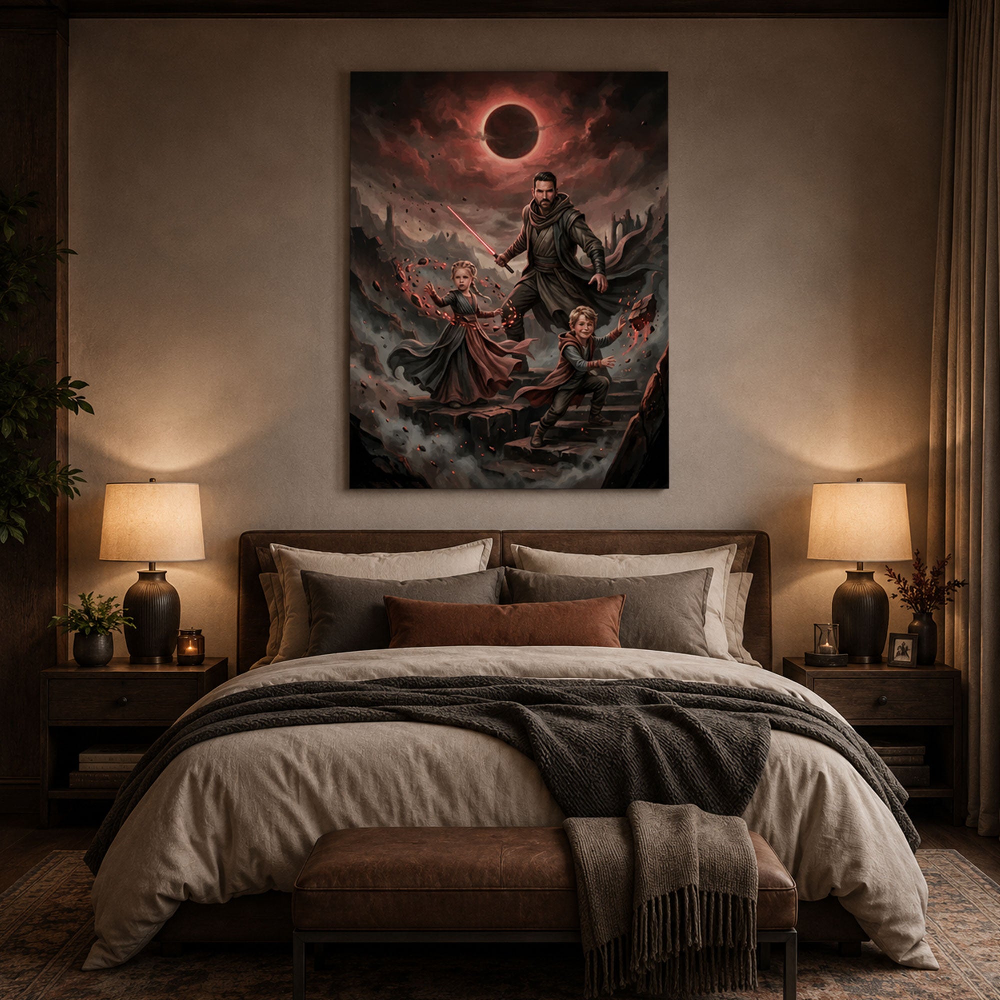 Custom Crimson Ascension Canvas, Personalized Father and Kids Fantasy Wall Art, Father’s Day Gift