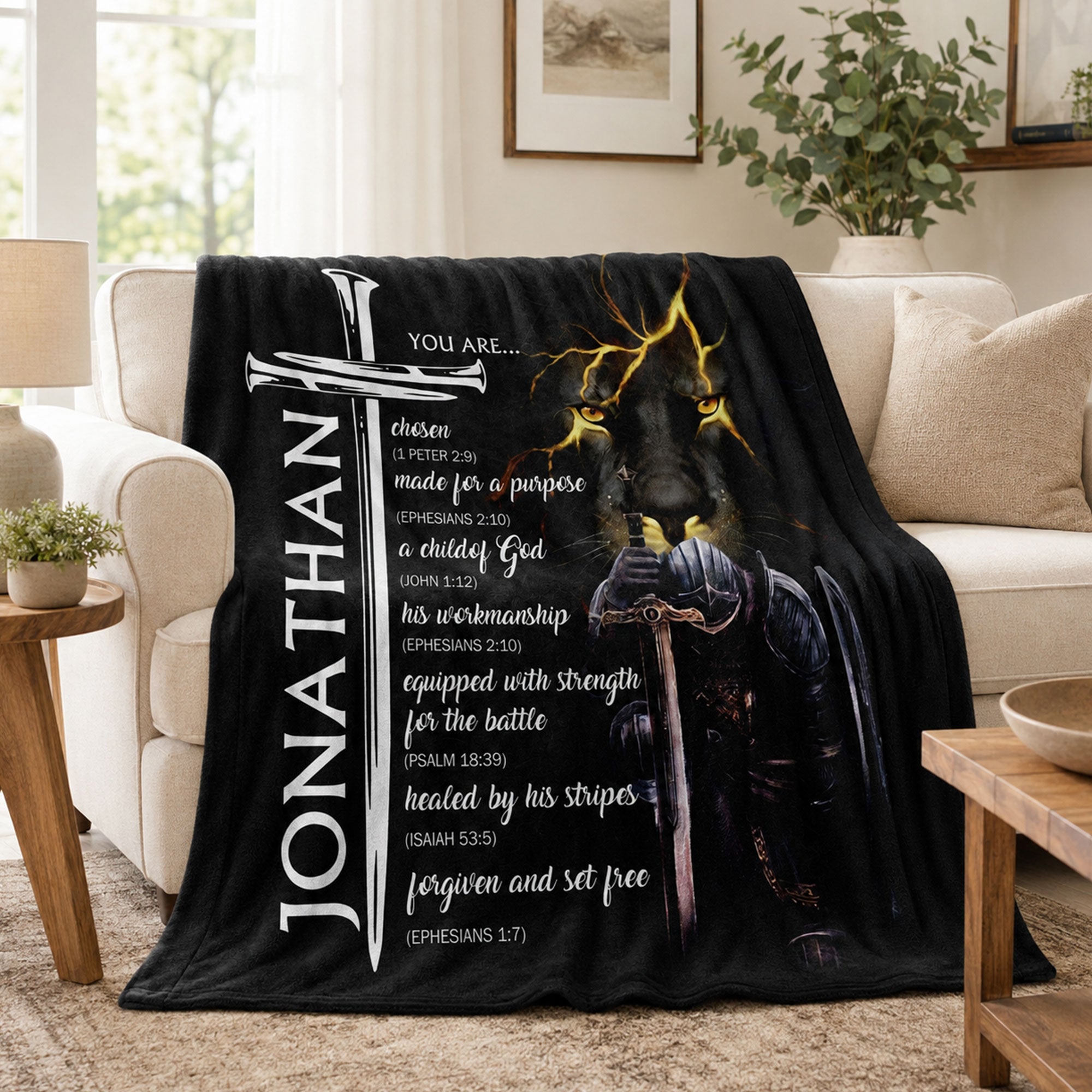Personalized Christian Lion Fleece Blanket, Custom Name Bible Verse Throw, Faith Gift for Men
