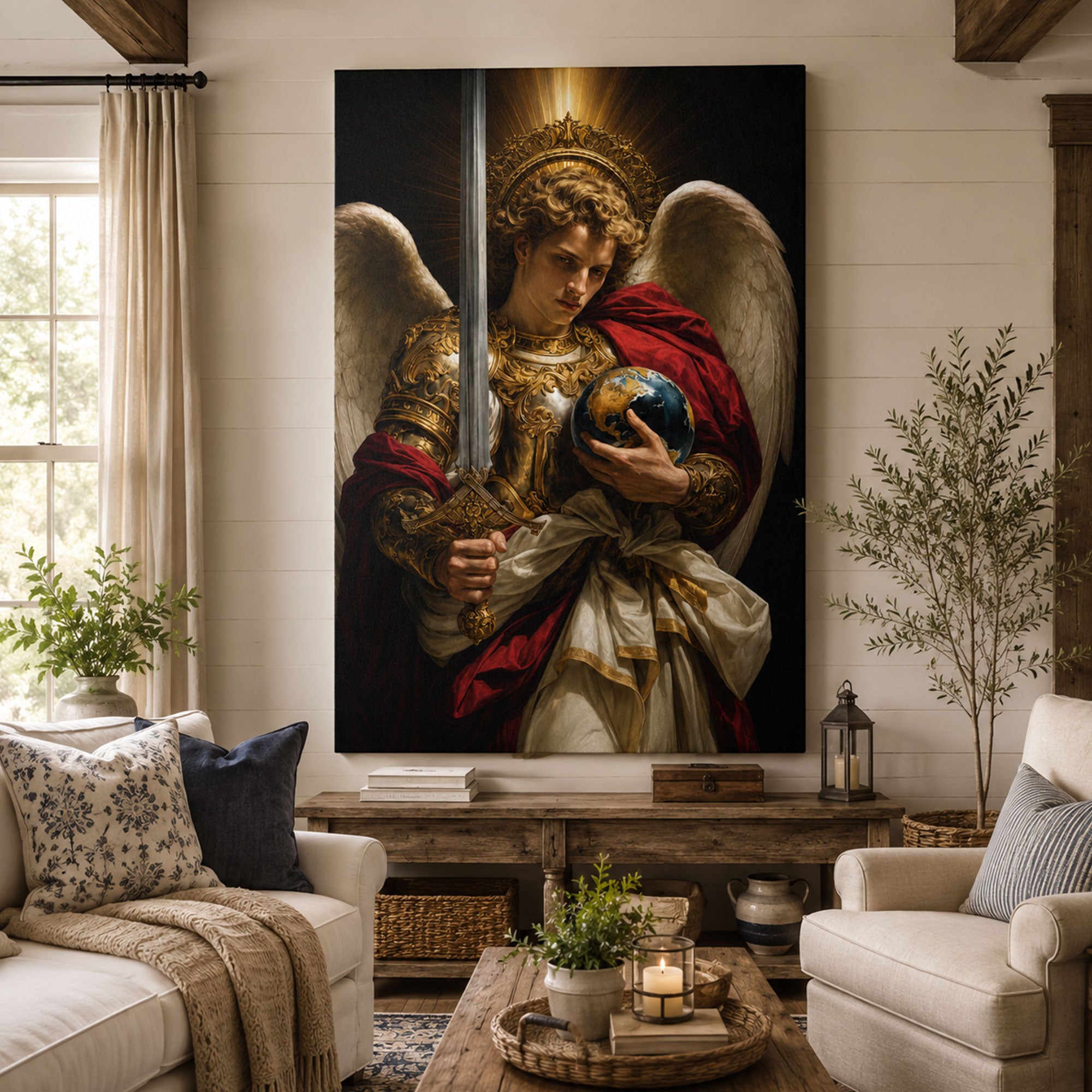 Saint Michael with Globe and Sword Canvas Print, Catholic Archangel Wall Art, Faith Home Decor Gift