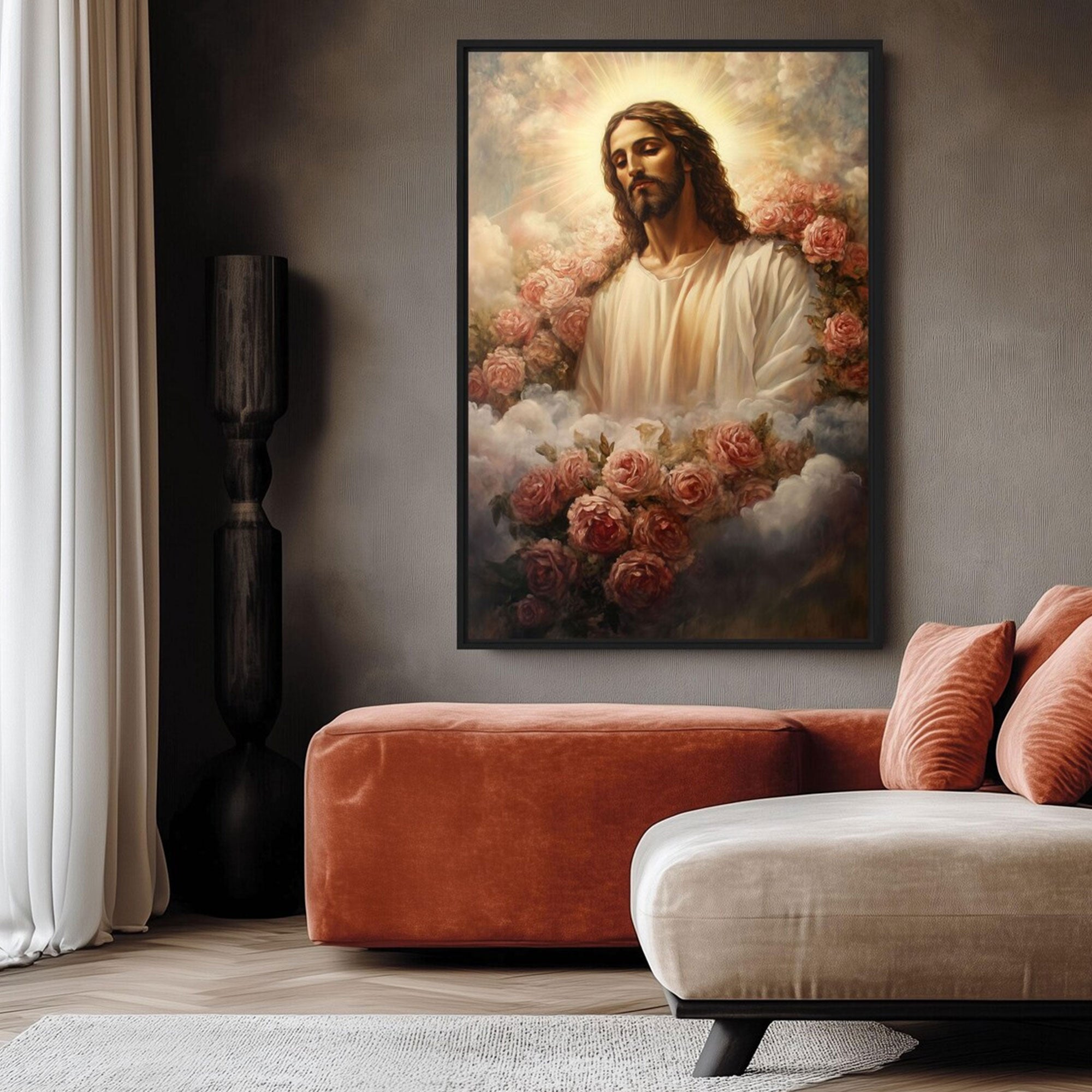 Jesus Christ in Flowers Framed Canvas Print, Religious Christian Wall Art, Peaceful Faith Home Decor