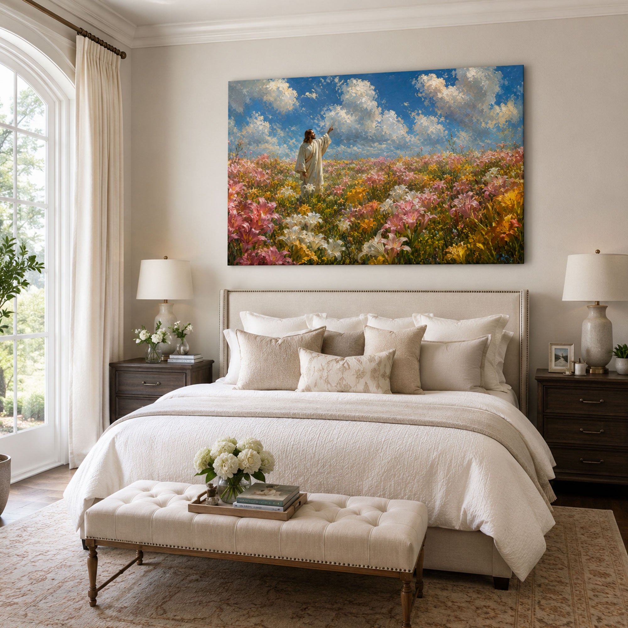 Jesus in a Field of Lilies Canvas Print, Christian Home Decor