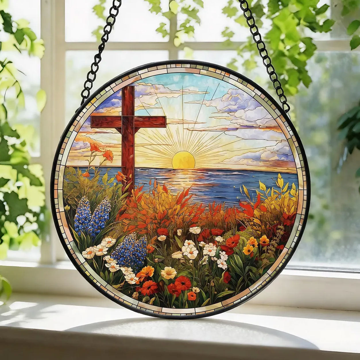 Sunrise Cross Suncatcher, Coastal Christian Window Decor, Religious Faith Gift for Home
