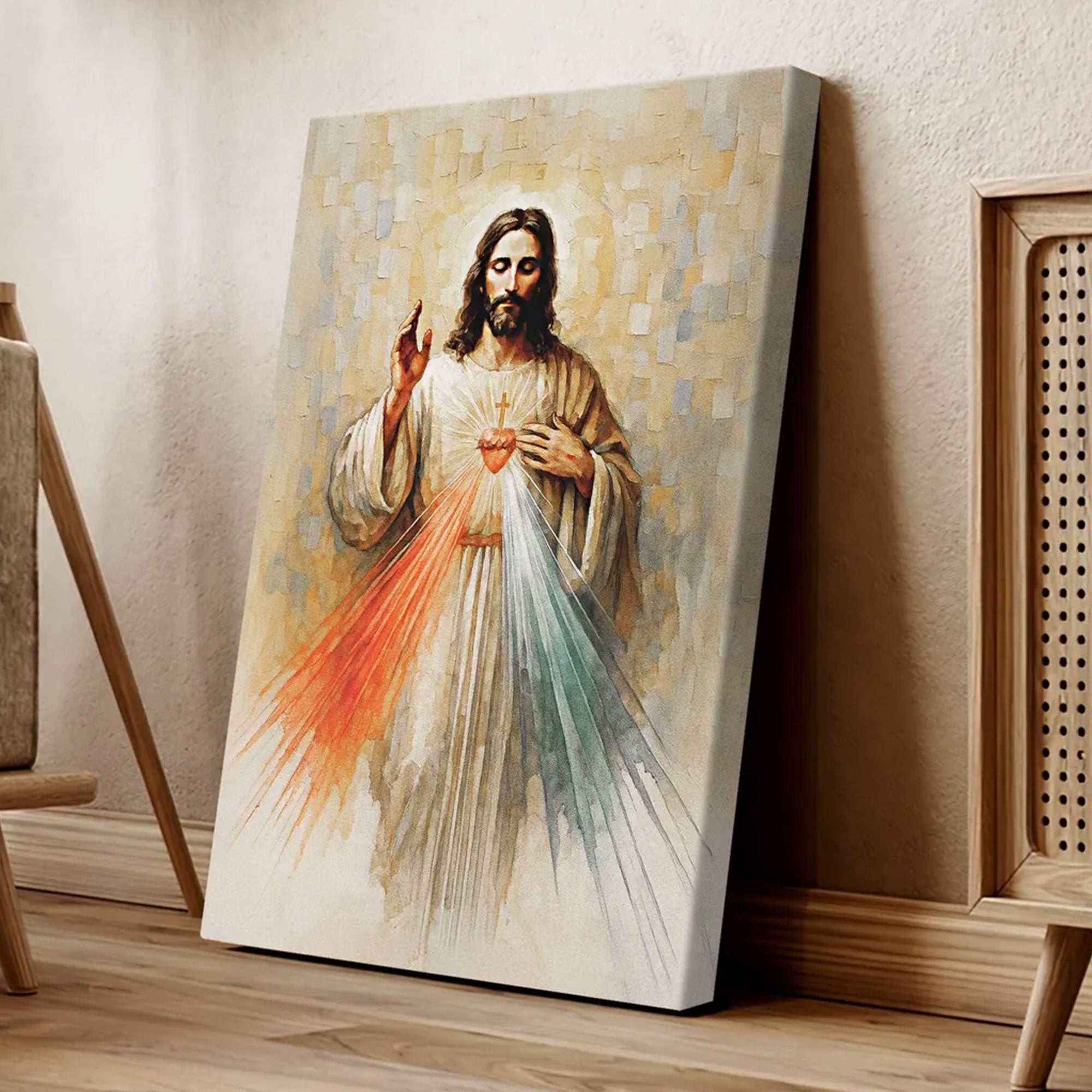 Jesus Divine Mercy Canvas Print, Modern Christian Watercolor Art & Sacred Heart Catholic Canvas
