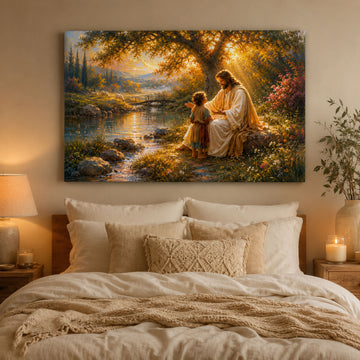 Jesus with Child by the River Canvas Print, Peaceful Christian Wall Art, Family Faith Home Decor