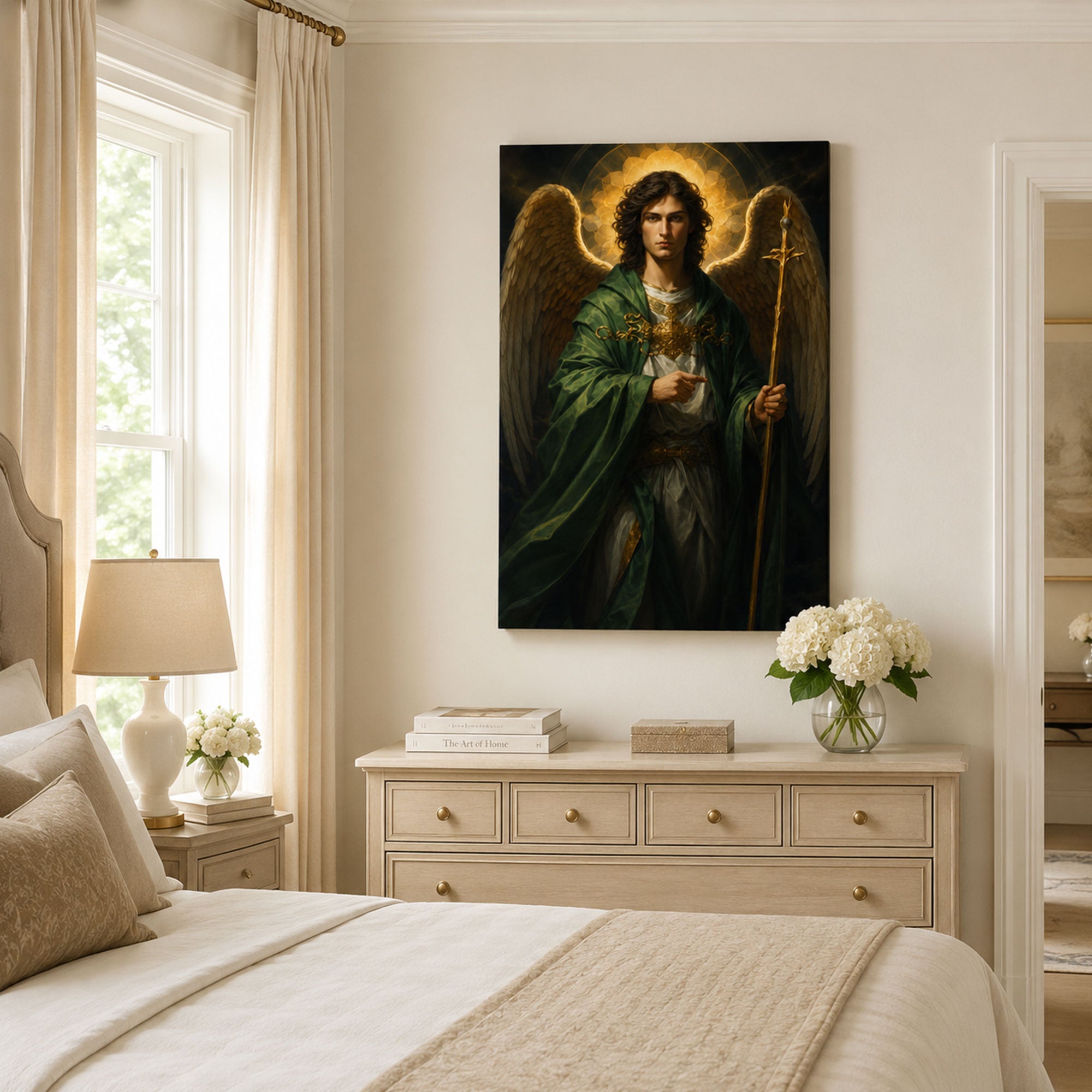 Saint Raphael Archangel Canvas Print, Catholic Healing Angel Wall Art, Green Robe Faith Home Decor Gift