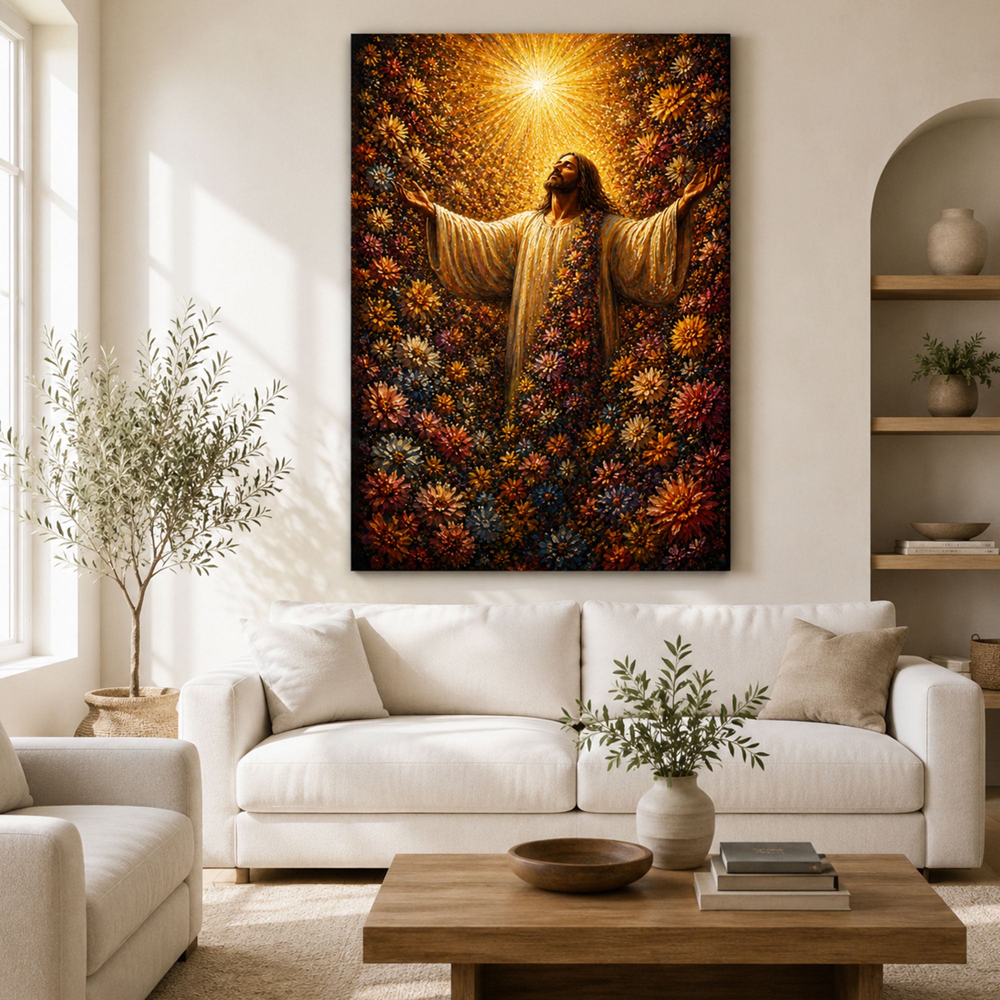 Radiant Light Blessing Canvas Print, Jesus with Open Arms, Spiritual Flower Garden Wall Art