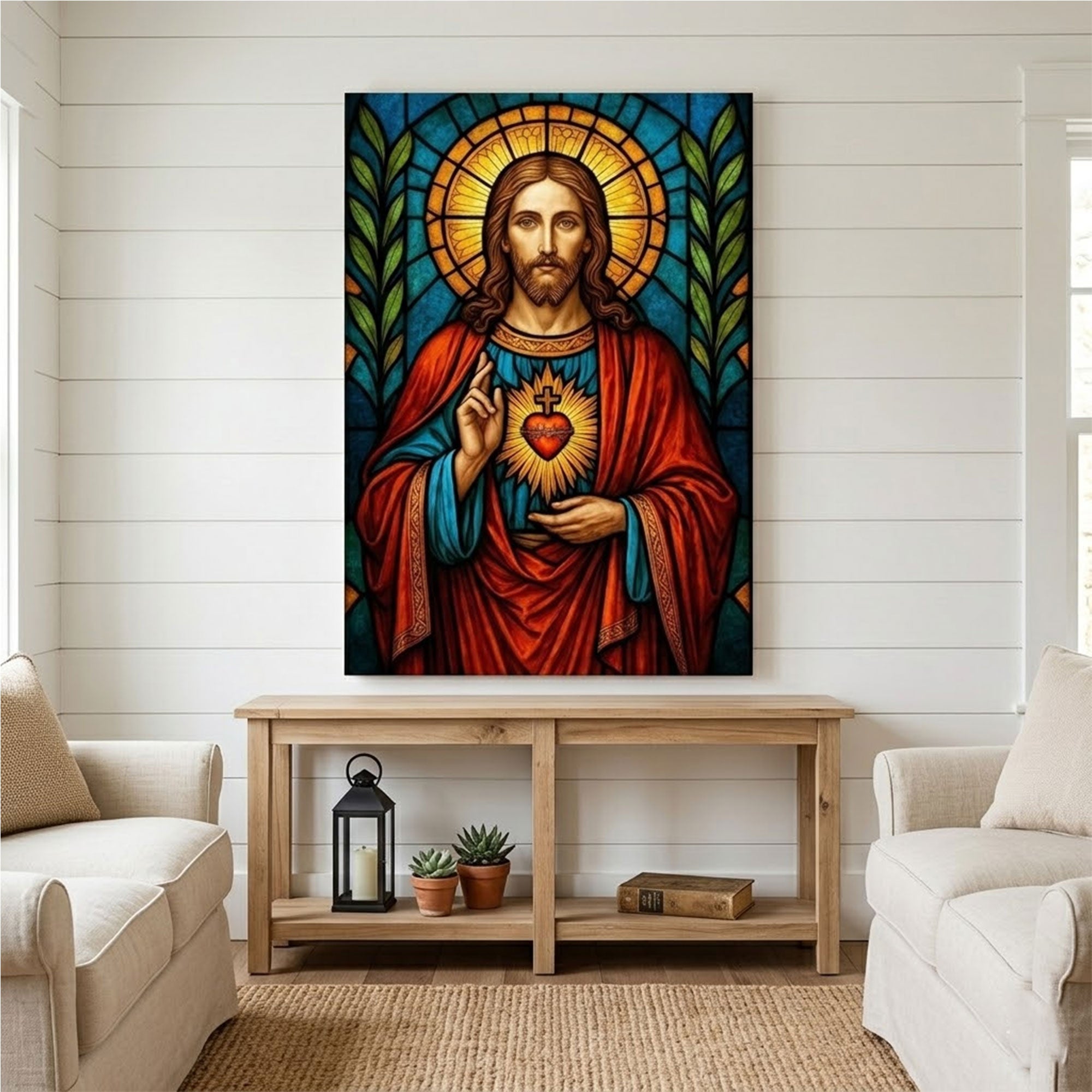 Sacred Heart of Jesus Canvas Print, Stained Glass Style Catholic Wall Art, Inspirational Faith Home Decor