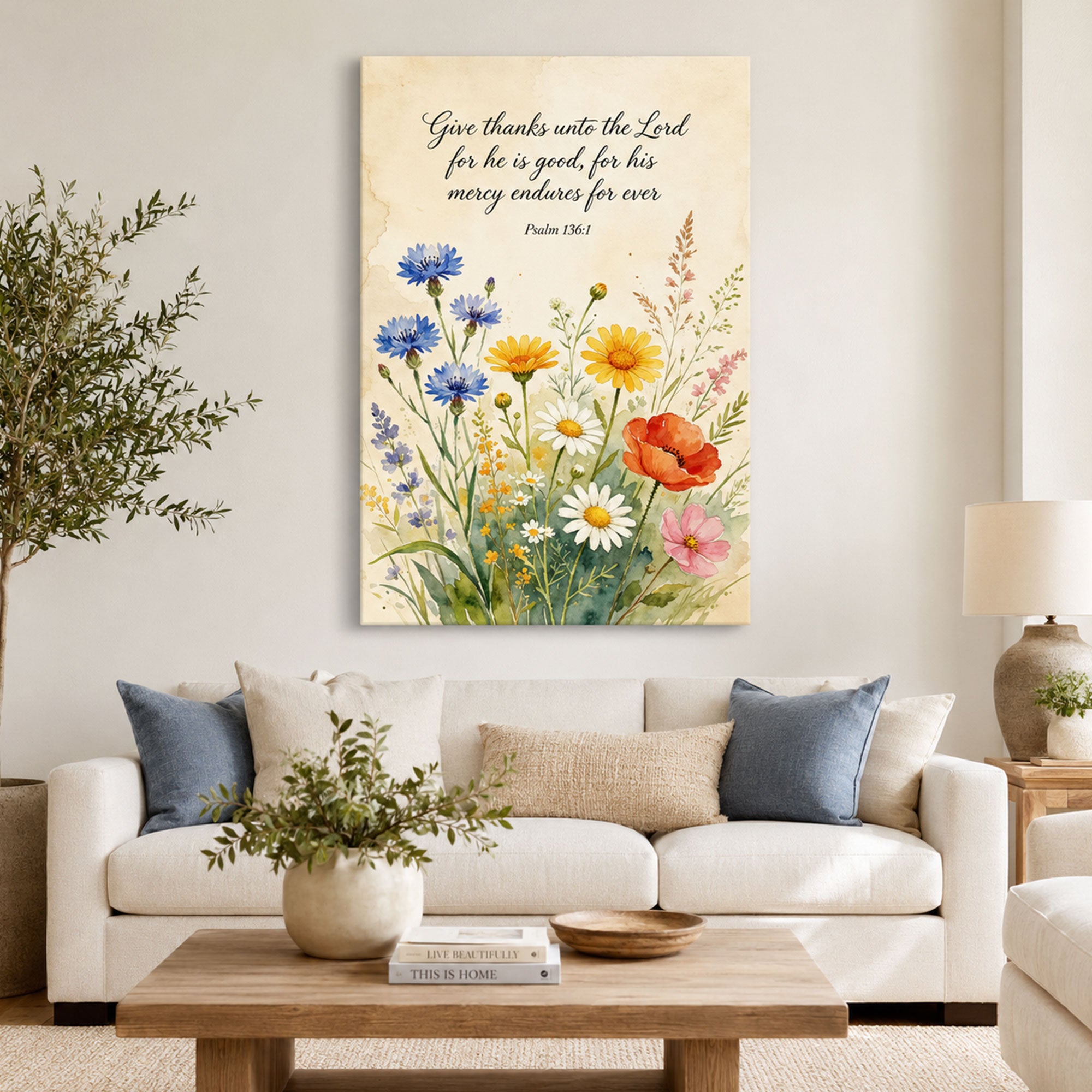 Psalm 136:1 Wildflowers Christian Canvas Print, Give Thanks to the Lord Scripture Wall Art, Religious Home Decor Gift