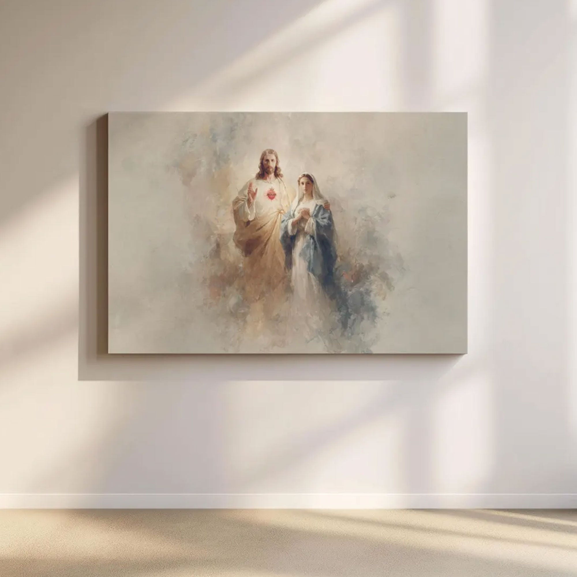 Sacred Heart and Virgin Mary Canvas Print, Modern Christian Wall Art, Catholic Home Decor, Religious Gift