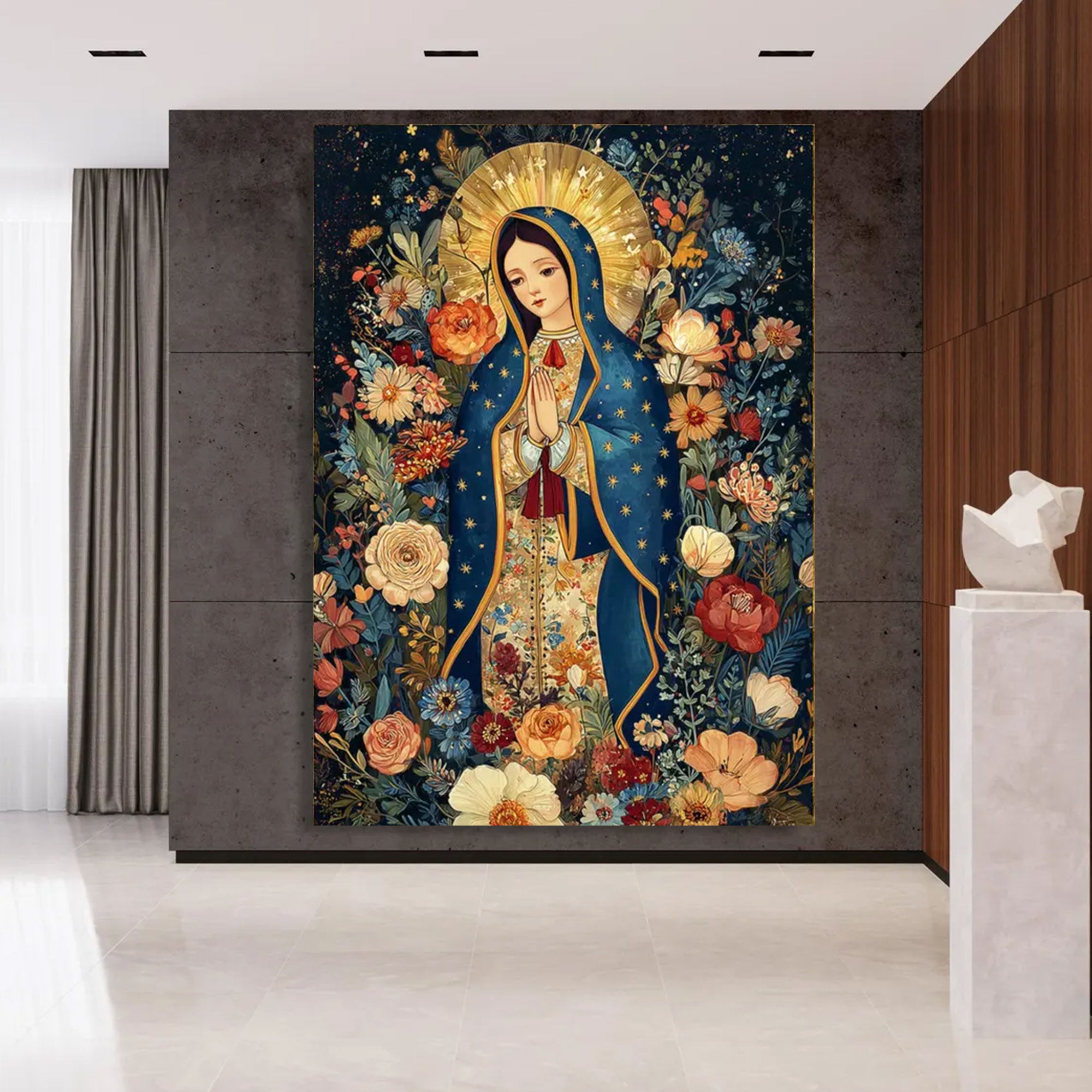 Our Lady of Guadalupe Canvas Print, Floral Virgin Mary Wall Art, Catholic Religious Decor, Devotional Christian Artwork, Prayerful Faith Gift for Home