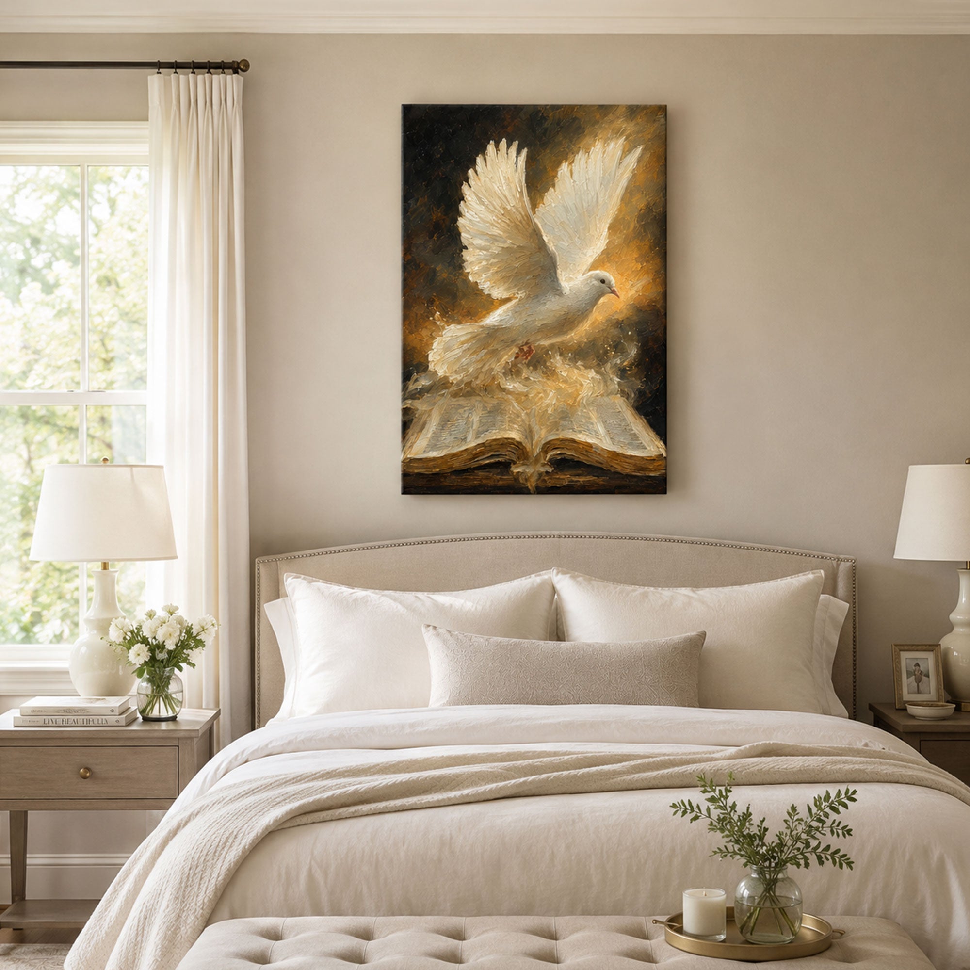 Holy Spirit Dove and Bible Canvas Print, Christian Wall Decor, Faith Gift for Home