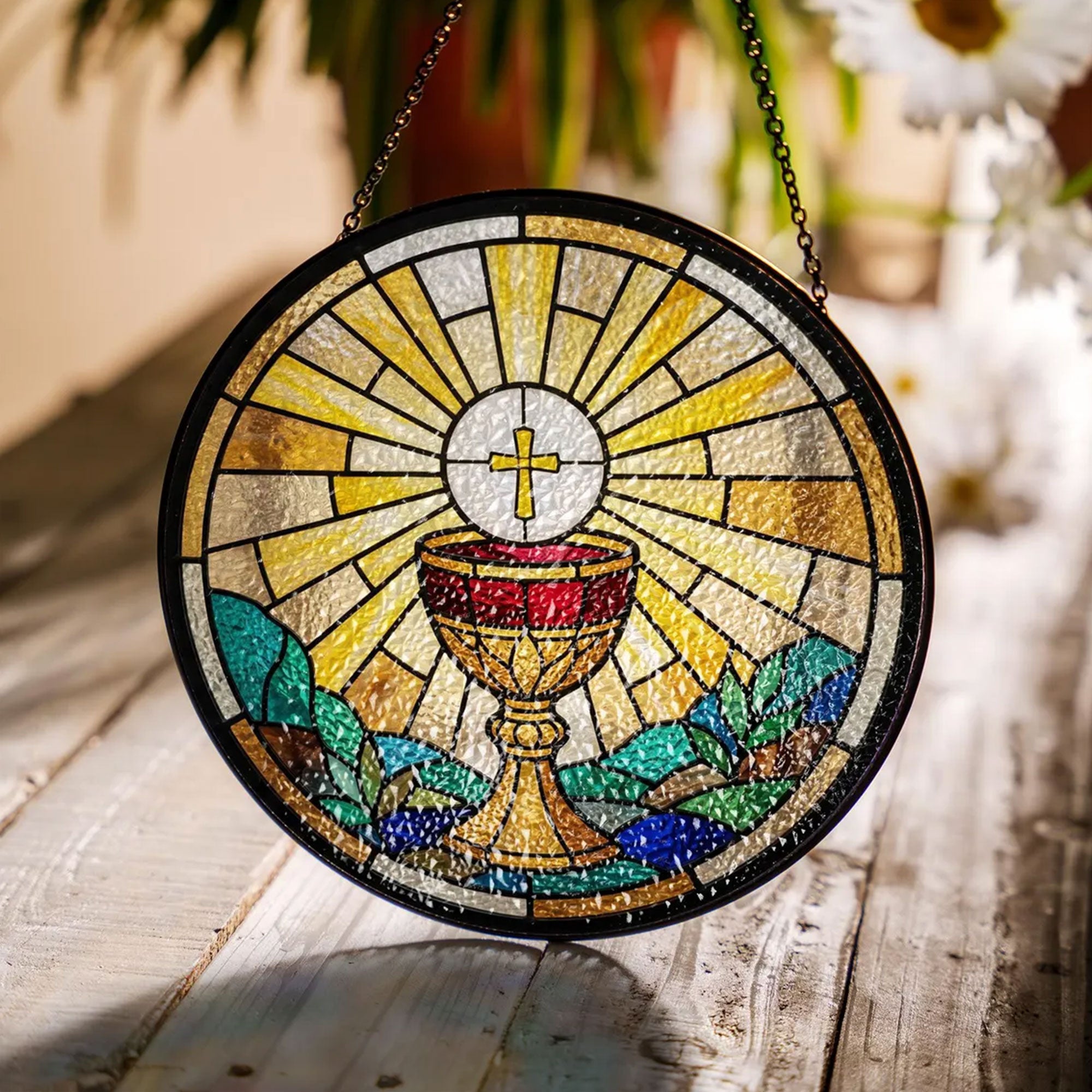 Holy Eucharist Chalice Stained Glass Suncatcher, Catholic Window Hanging Decor, First Communion Religious Gift