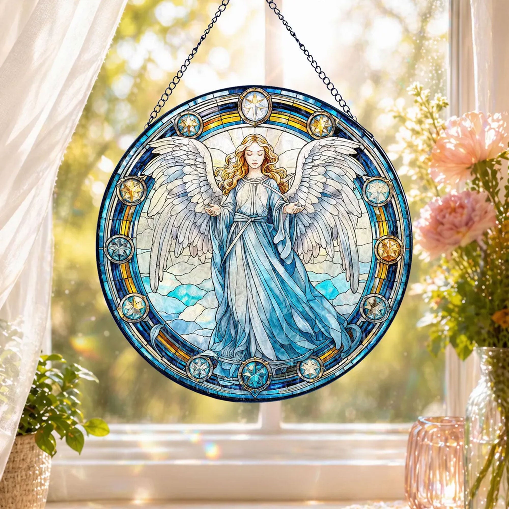 Guardian Angel Stained Glass Suncatcher, Religious Window Hanging Gift