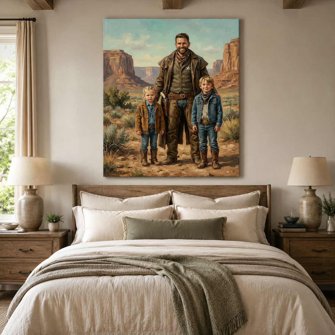 Custom Dad Cowboy Family Canvas, Personalized Western Father and Kids Wall Art