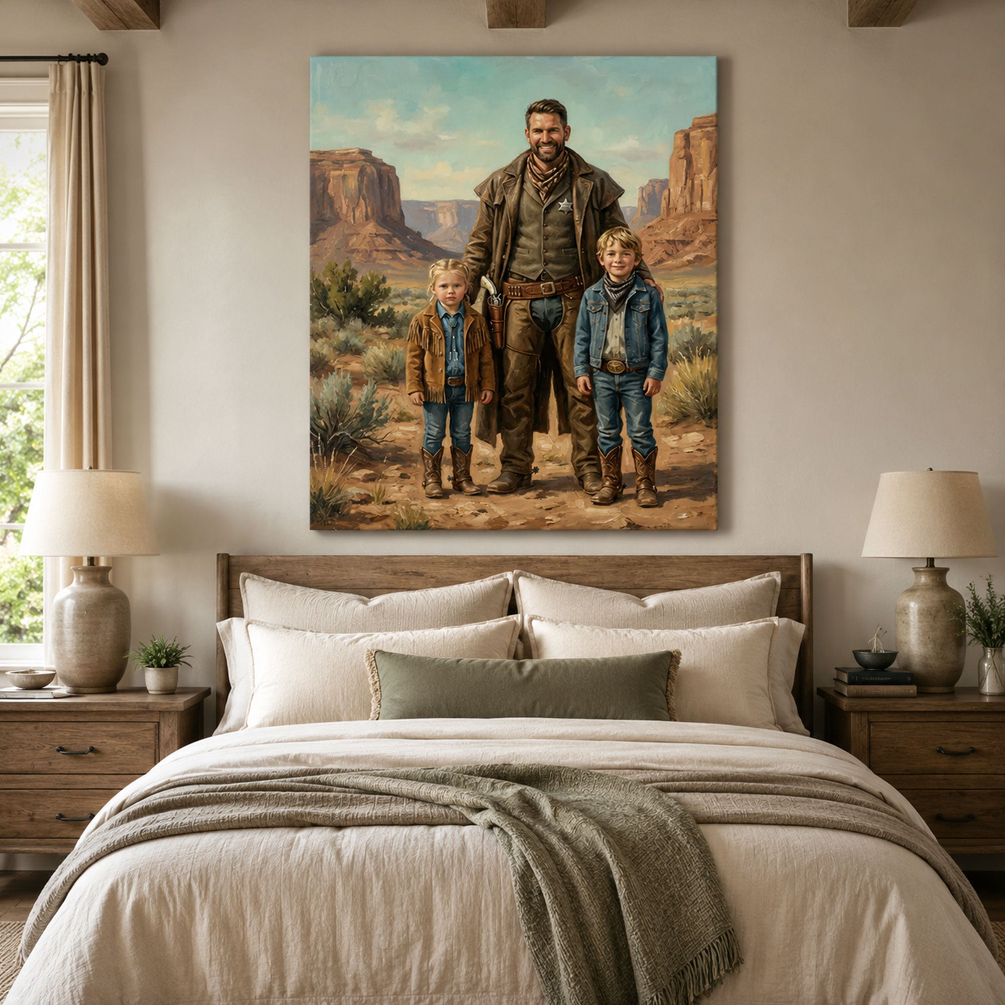 Custom Dad Cowboy Family Canvas, Personalized Western Father and Kids Wall Art