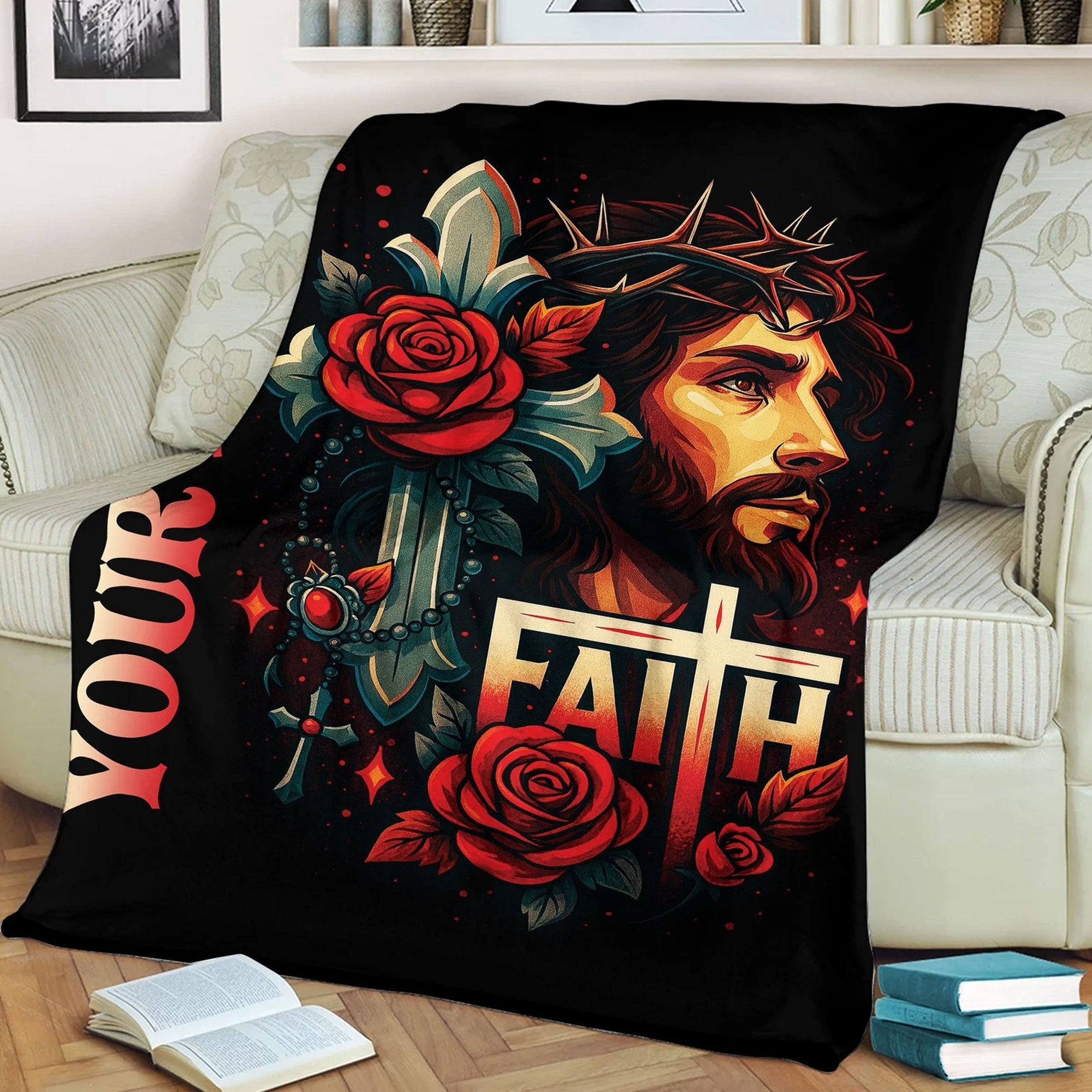 Custom Name Floral Jesus Fleece Blanket, Christian Faith Throw, Religious Gift for Believers, Inspirational Home Decor