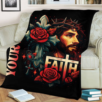 Custom Name Floral Jesus Fleece Blanket, Christian Faith Throw, Religious Gift for Believers, Inspirational Home Decor